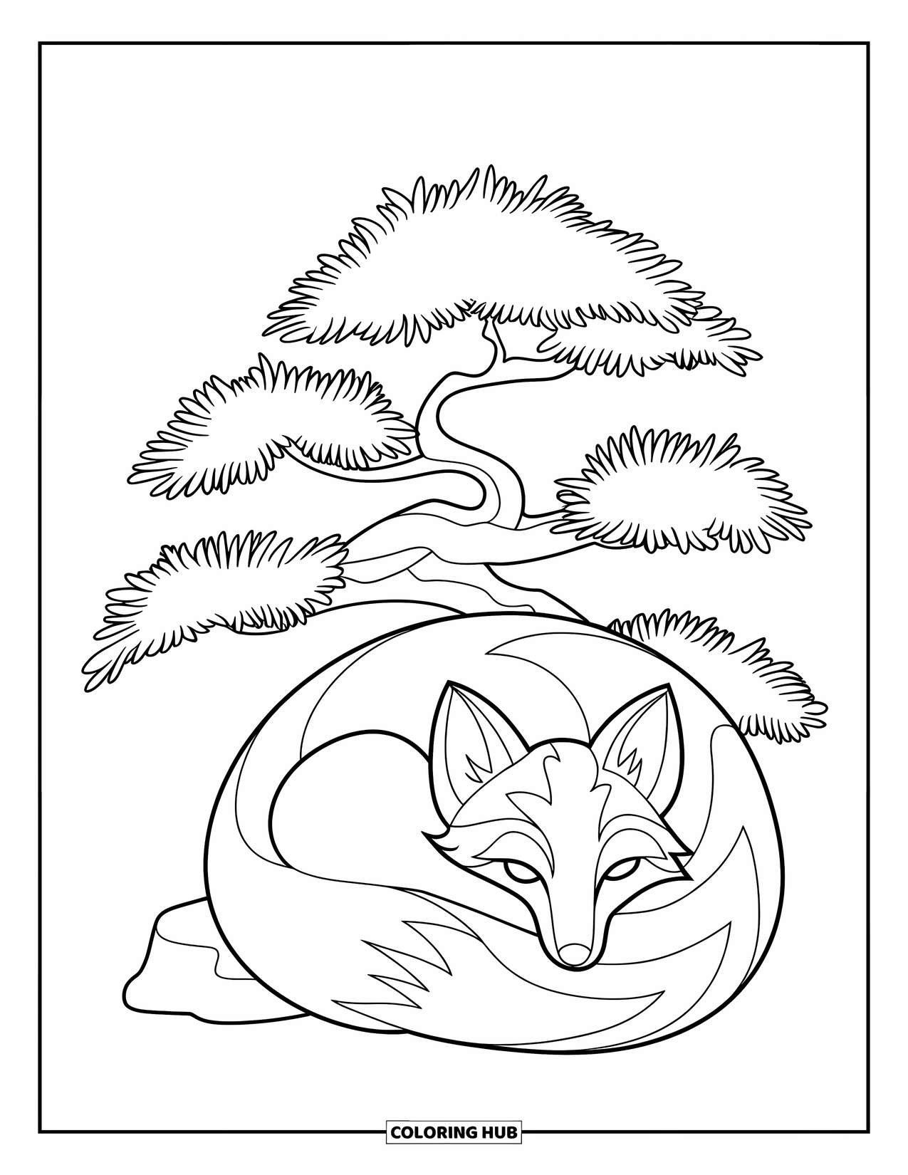 Zen Coloring Page for Kids: Zen fox curled up by a bonsai with a nearby stone