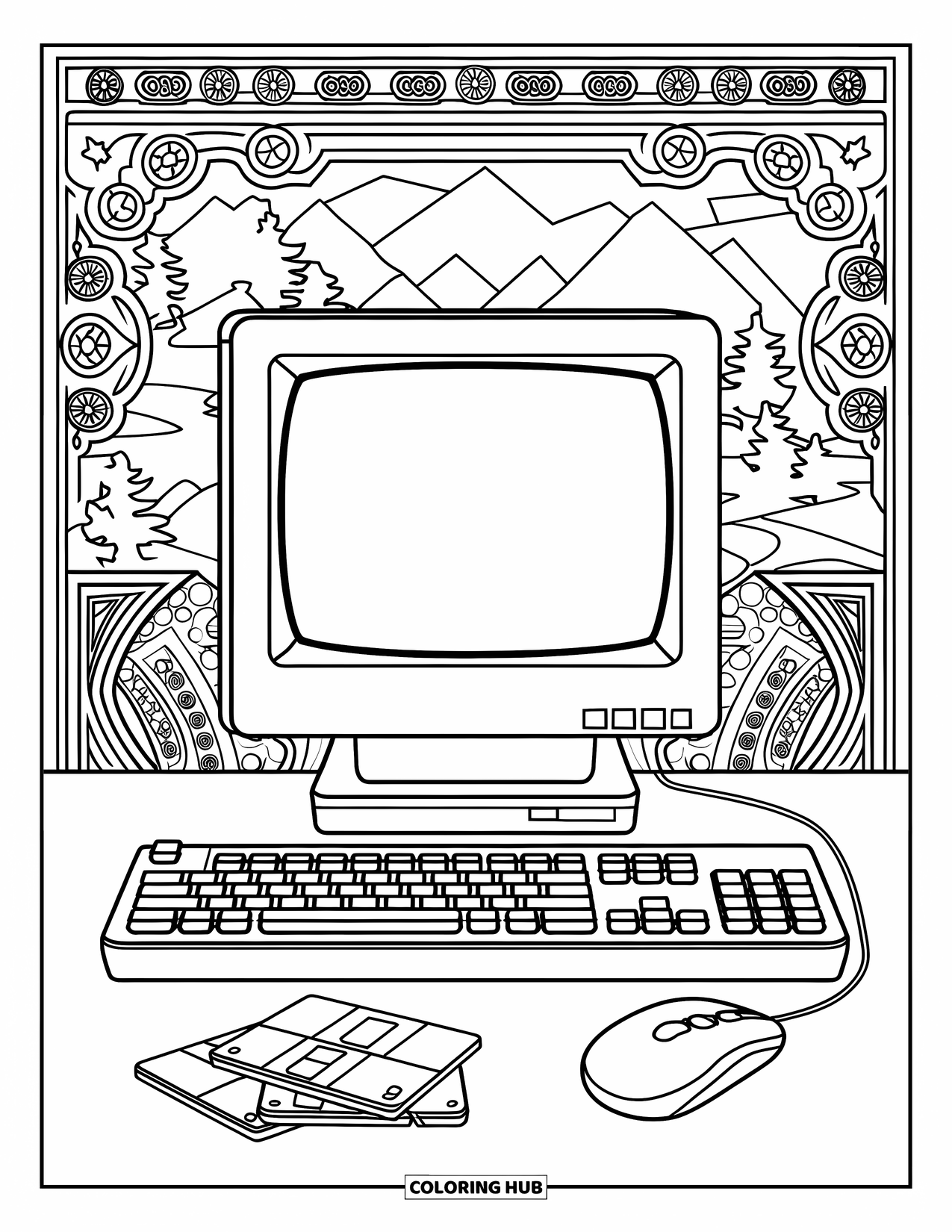 90S Coloring Page for Adults: 90s computer setup with a monitor, floppy disks, and a view of nature