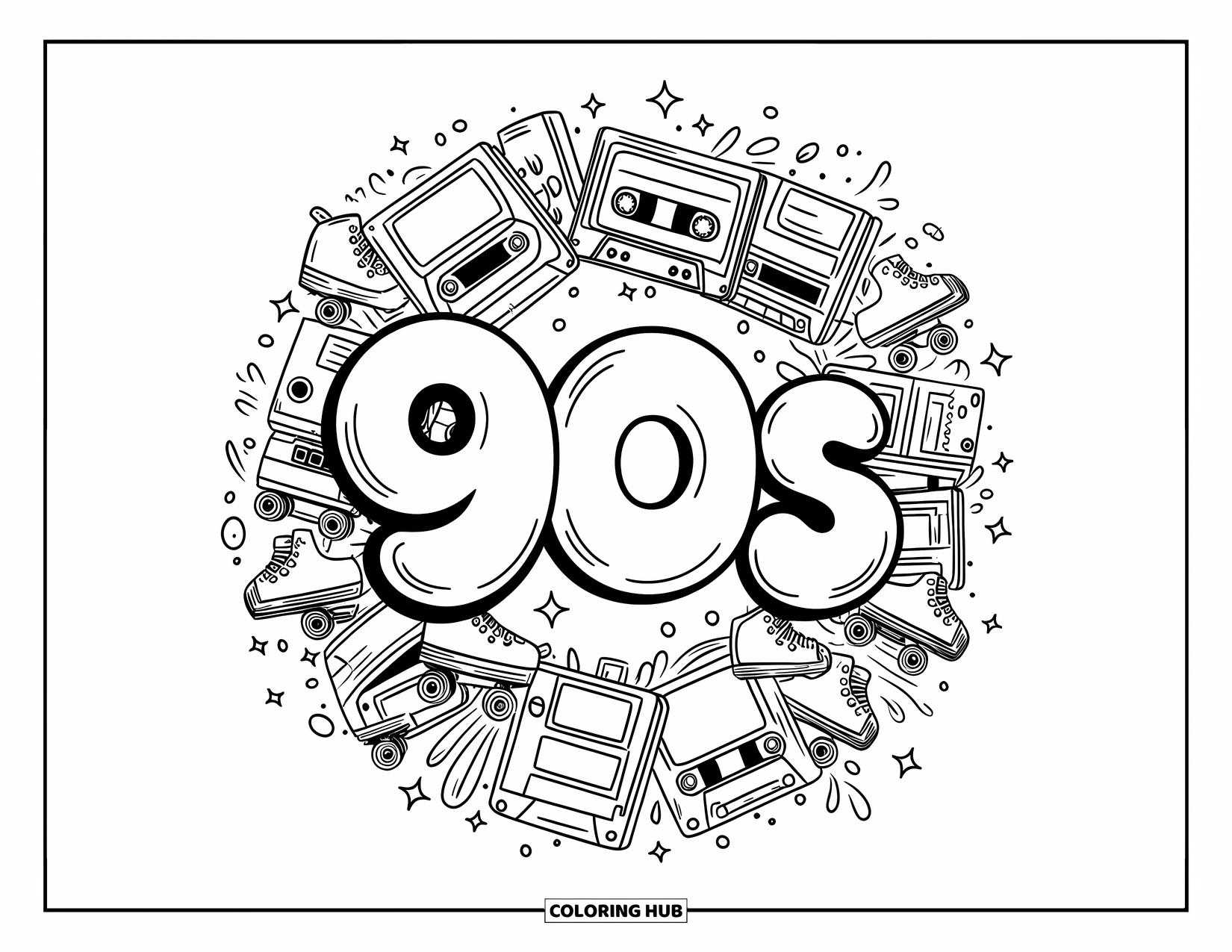 90S Coloring Page for Adults: Adorable ì90sî text surrounded by mini tapes, skates, and sparkles in doodle style