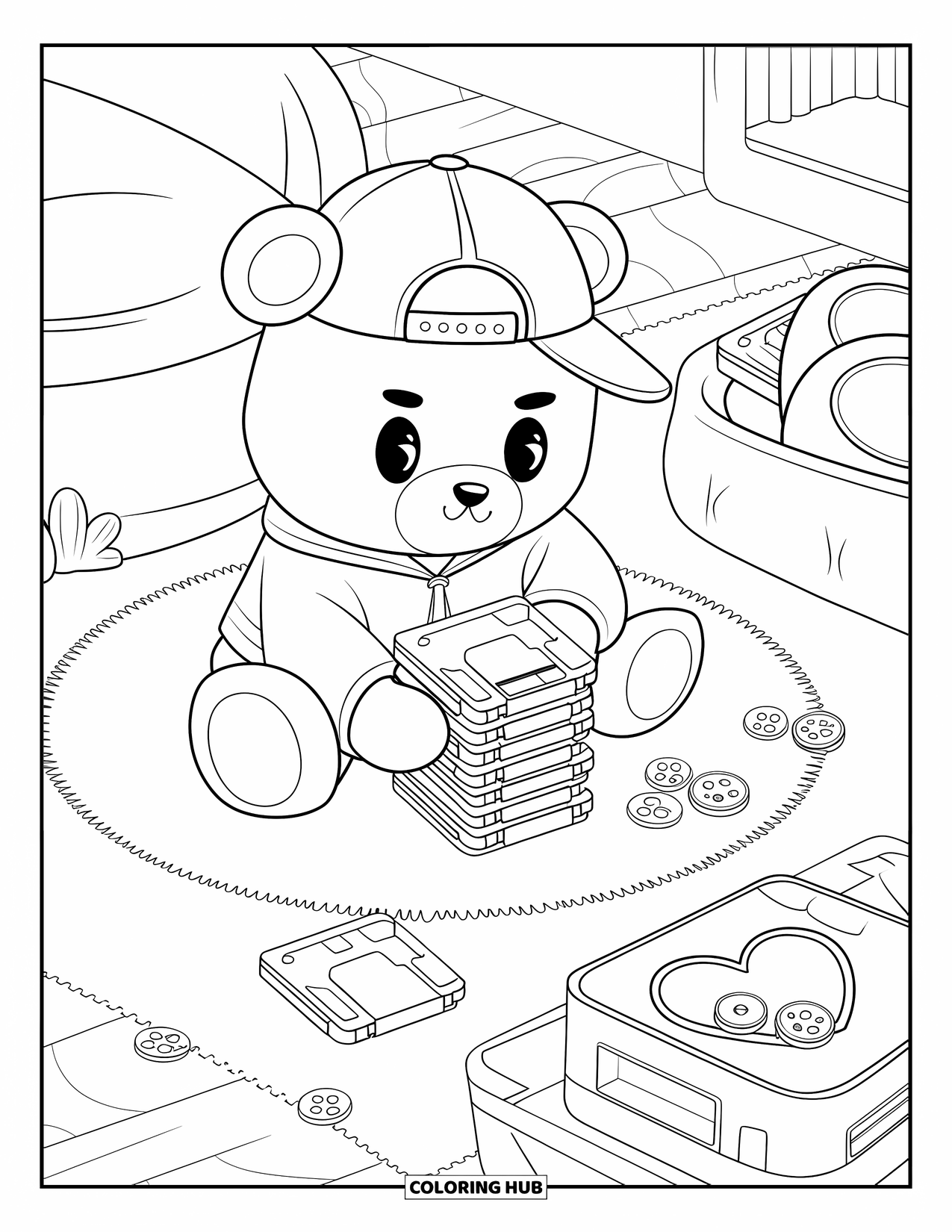 90S Coloring Page for Adults: Bear with floppy disks and scrunchies in a cozy room with fun 90s vibes