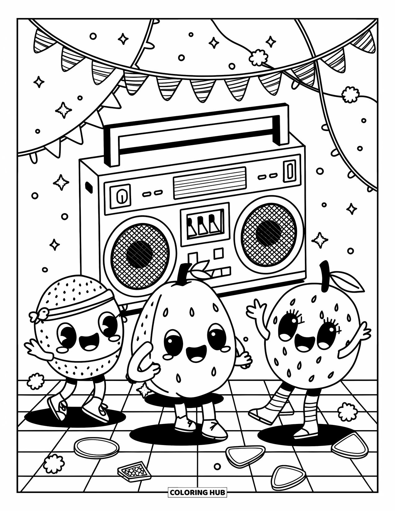 90S Coloring Page for Adults: Boombox with dancing fruit in leg warmers on a disco floor with fun lights