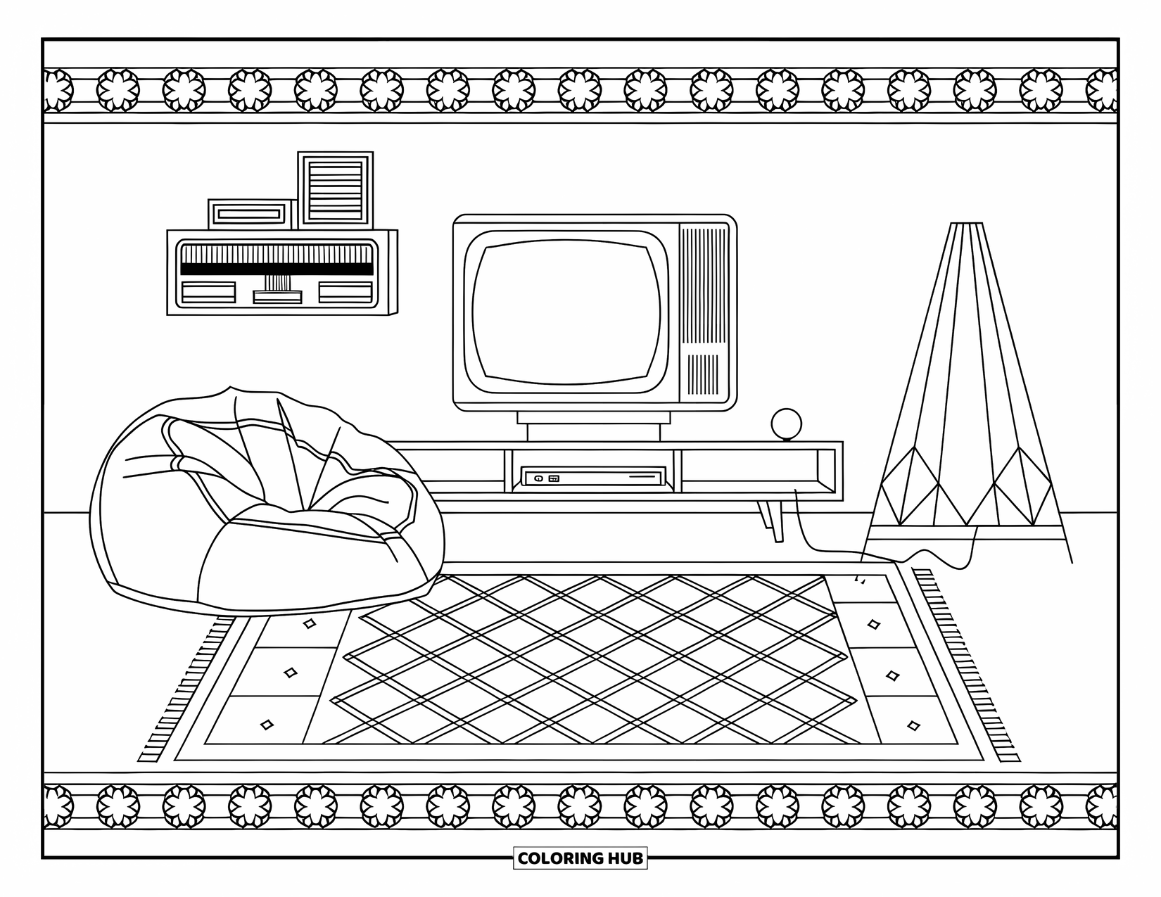 90S Coloring Page for Adults: Cozy 90s room with VHS shelf, bean bag, and floor TV