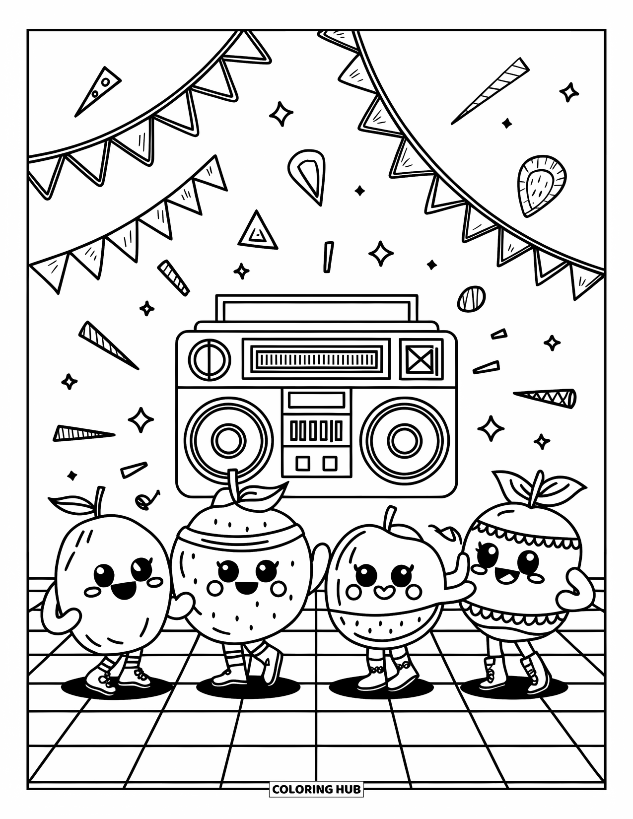 90S Coloring Page for Adults: Funky fruit dancers and a boombox light up a mini disco scene