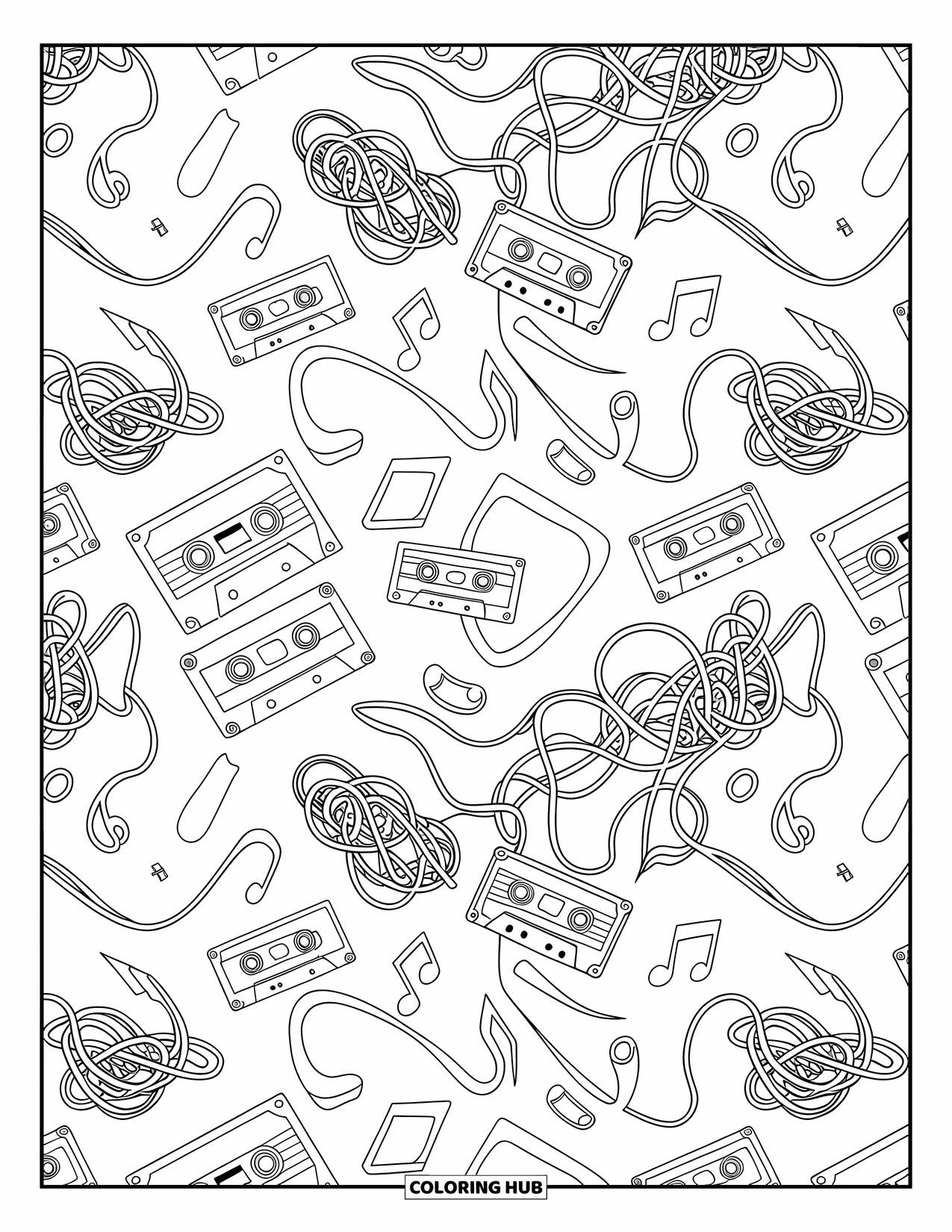 90S Coloring Page for Adults: Pattern filled with cassette tapes, tangled reels, and music notes