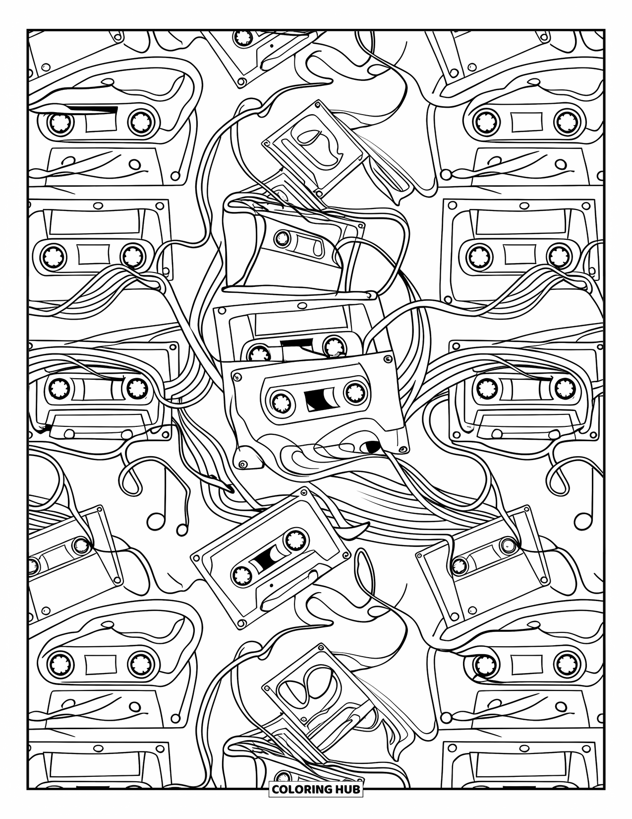 90S Coloring Page for Adults: Repeating cassette tapes and notes create a fun, music-inspired pattern