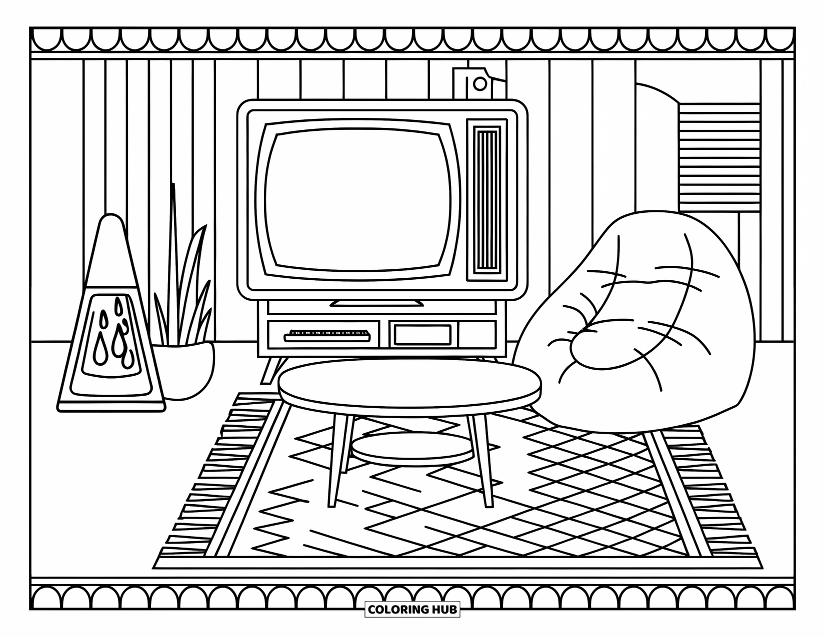 90S Coloring Page for Adults: Retro living room with a floor TV, lava lamp, and bean bag chair