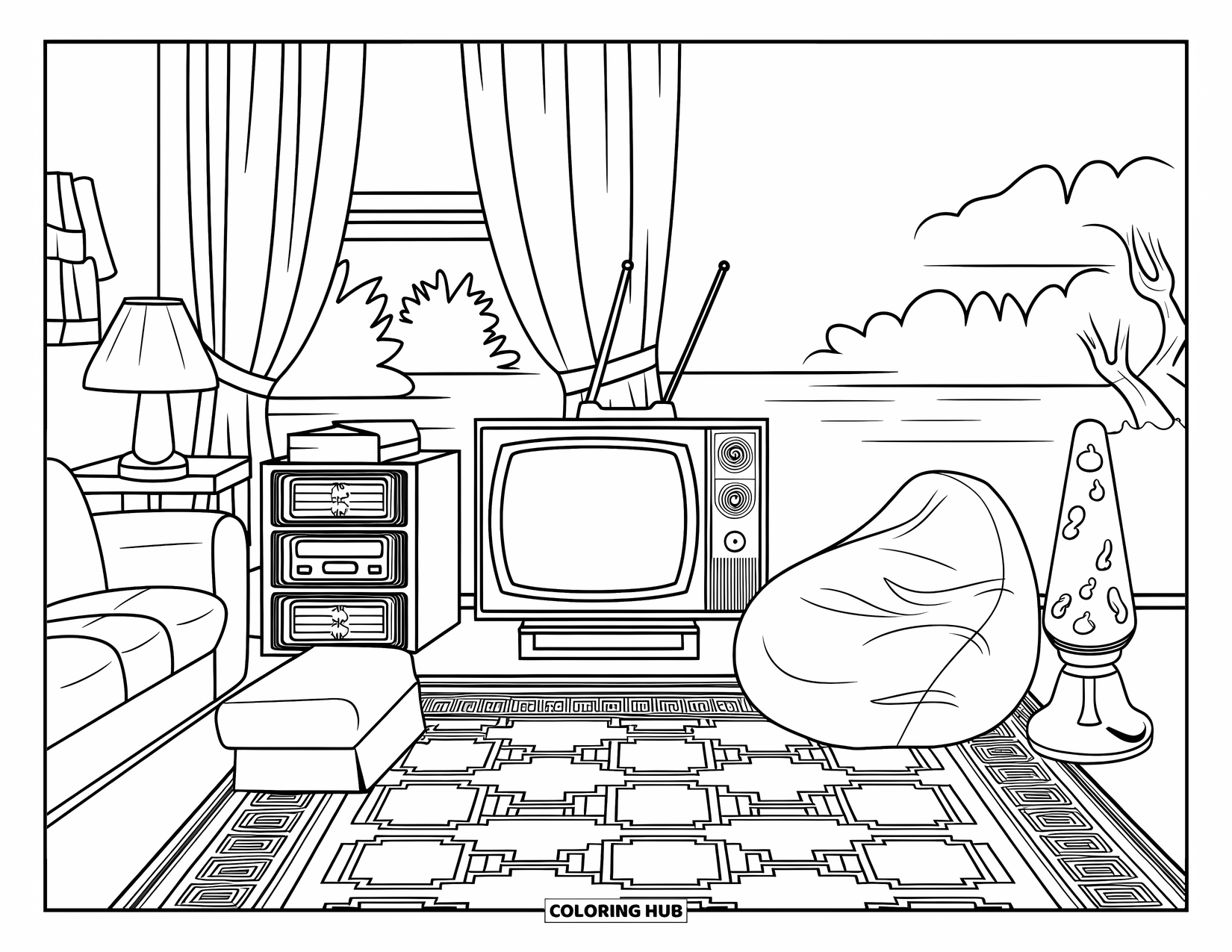 90S Coloring Page for Adults: Retro room with a lava lamp, floor TV, couch, and a view outside