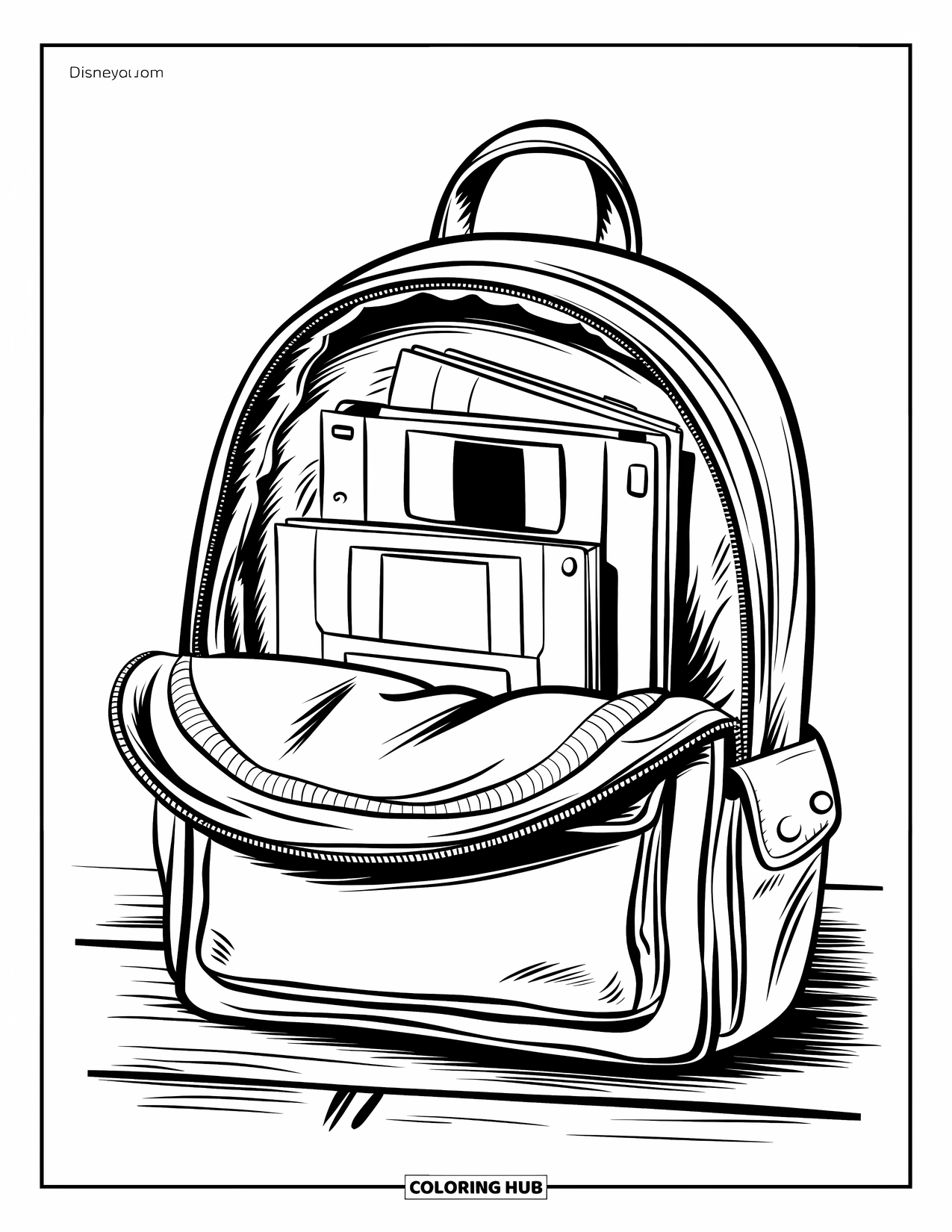 90S Coloring Page for Kids: 90s backpack open with a floppy disk, notebook, and yo-yo inside