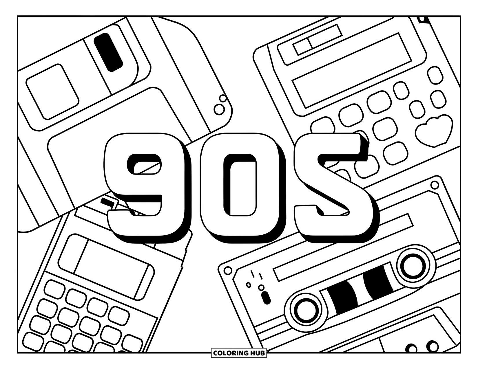 90S Coloring Page for Kids: 90s tech collage with a floppy disk, pager, cassette, phone, and "90s" text in center
