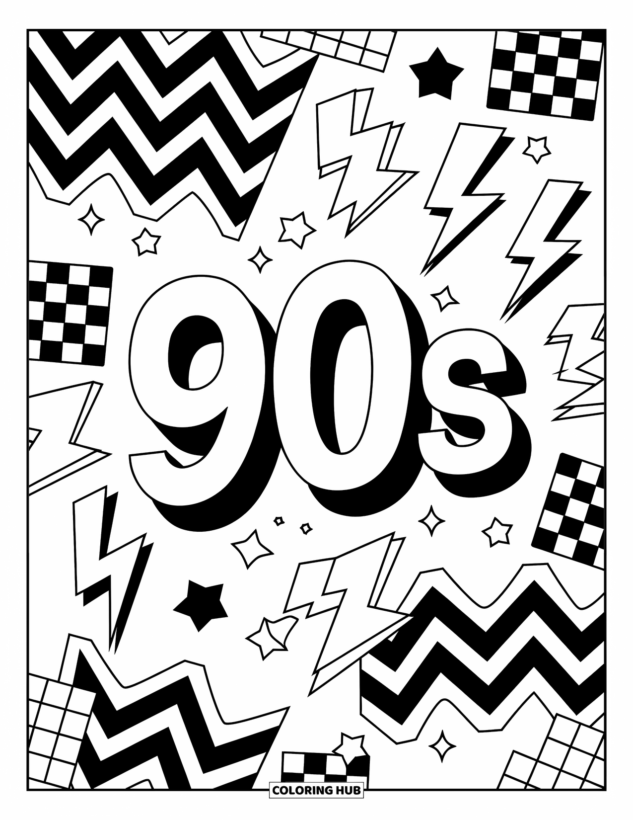 90S Coloring Page for Kids: "90s" text surrounded by zigzags, stars, checkerboards, and lightning bolts