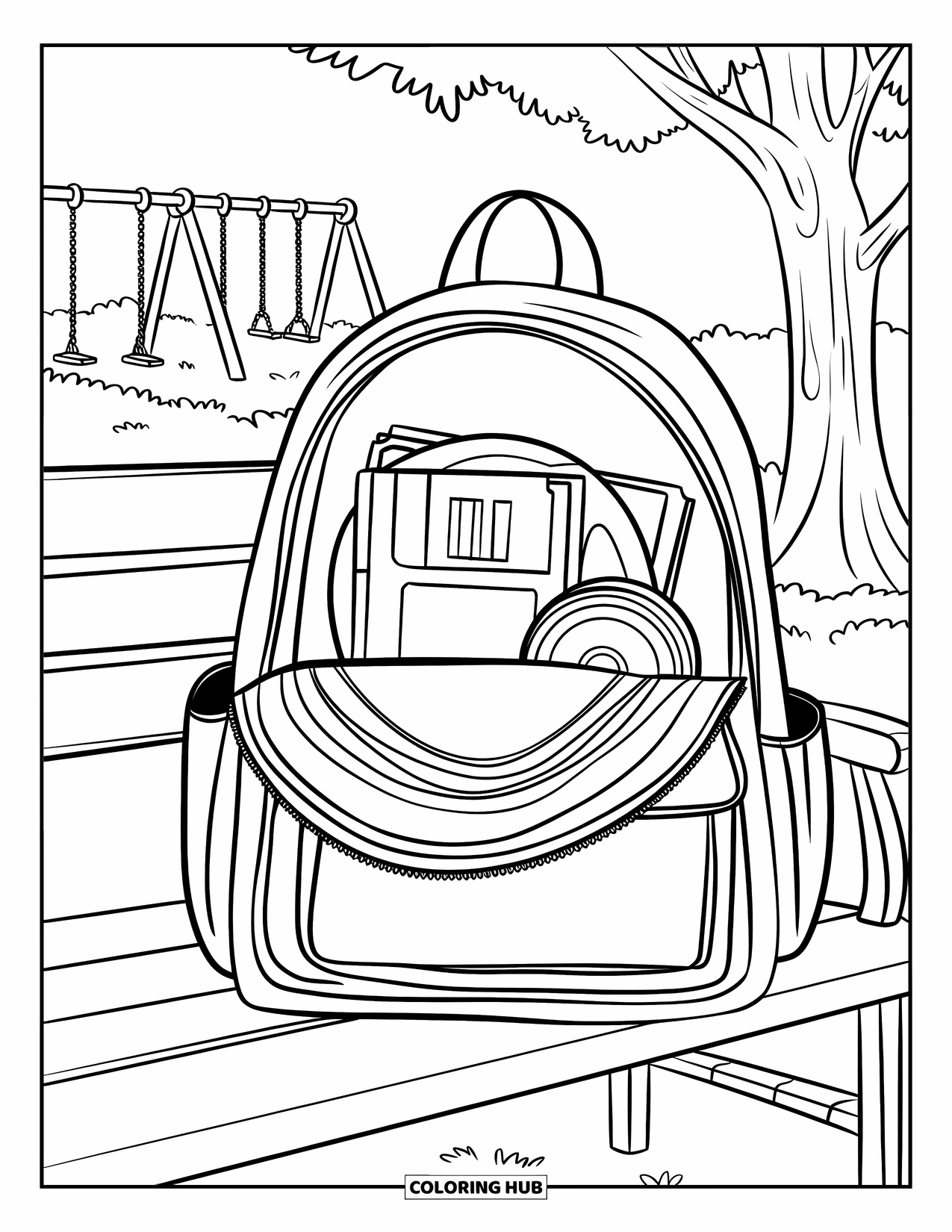 90S Coloring Page for Kids: Backpack on a bench with schoolyard swings and floppy disk inside