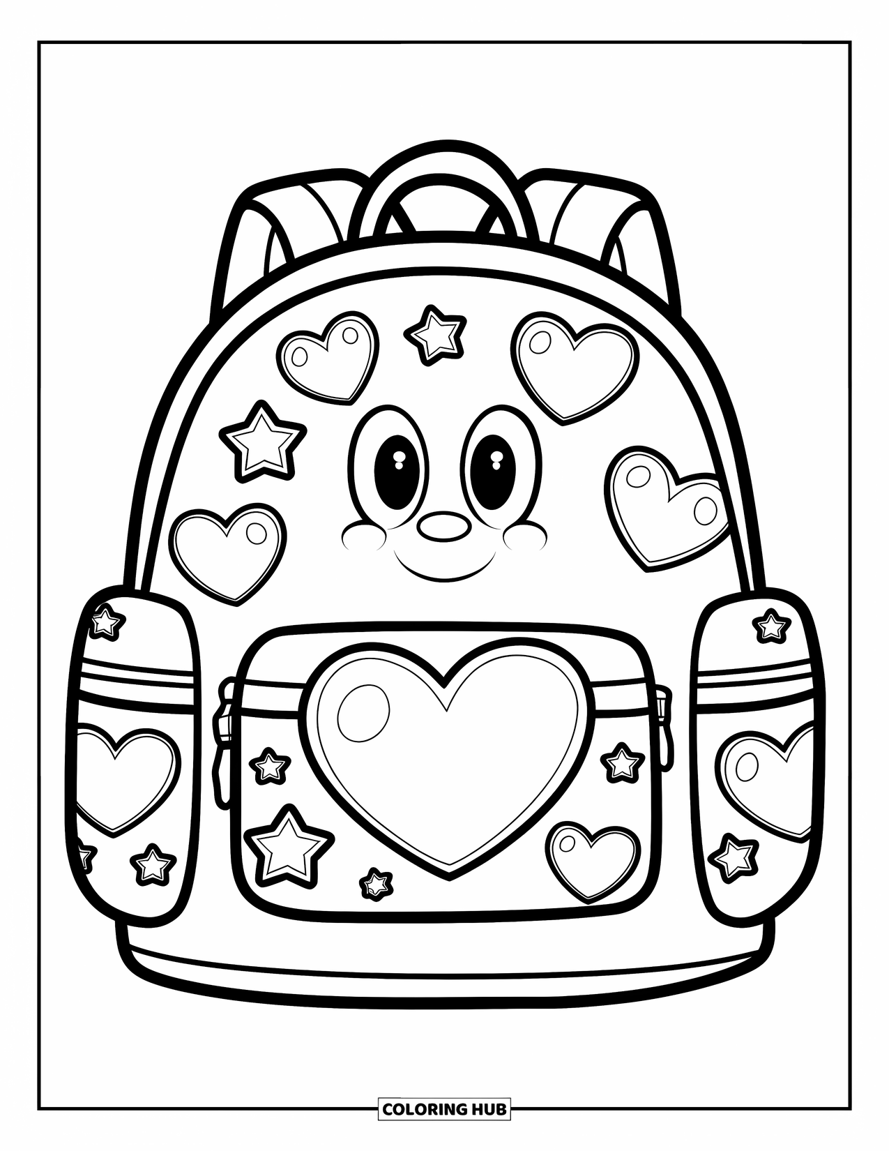 90S Coloring Page for Kids: Backpack with large heart patch and strap details filled with stars and hearts