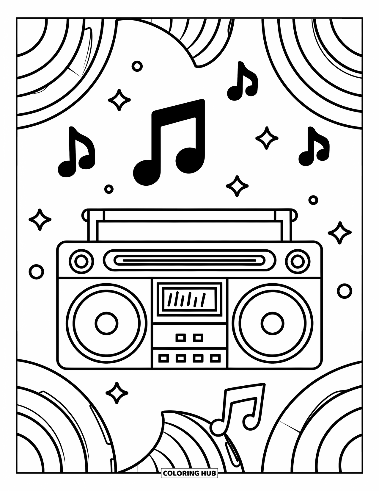 90S Coloring Page for Kids: Boombox blasting music with fun symbols dancing in the air above