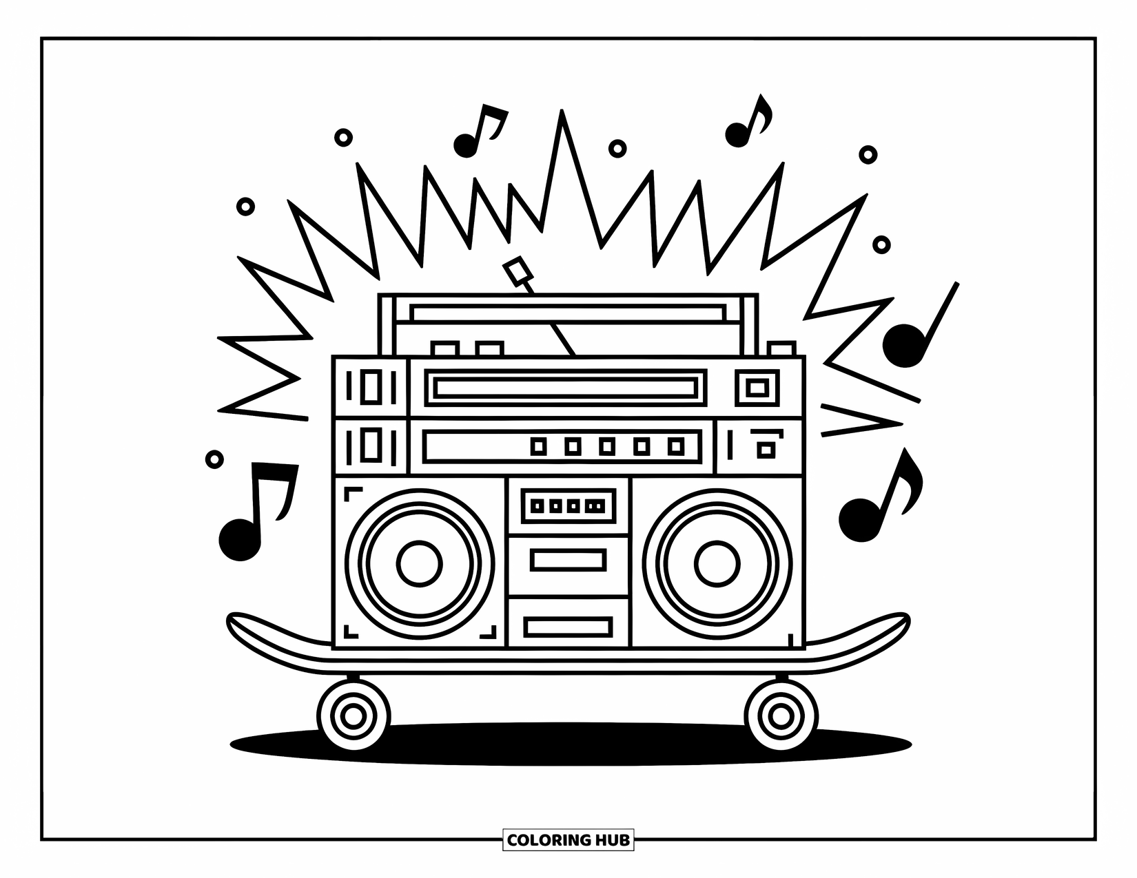 90S Coloring Page for Kids: Boombox on a skateboard with spark trails and floating notes around it
