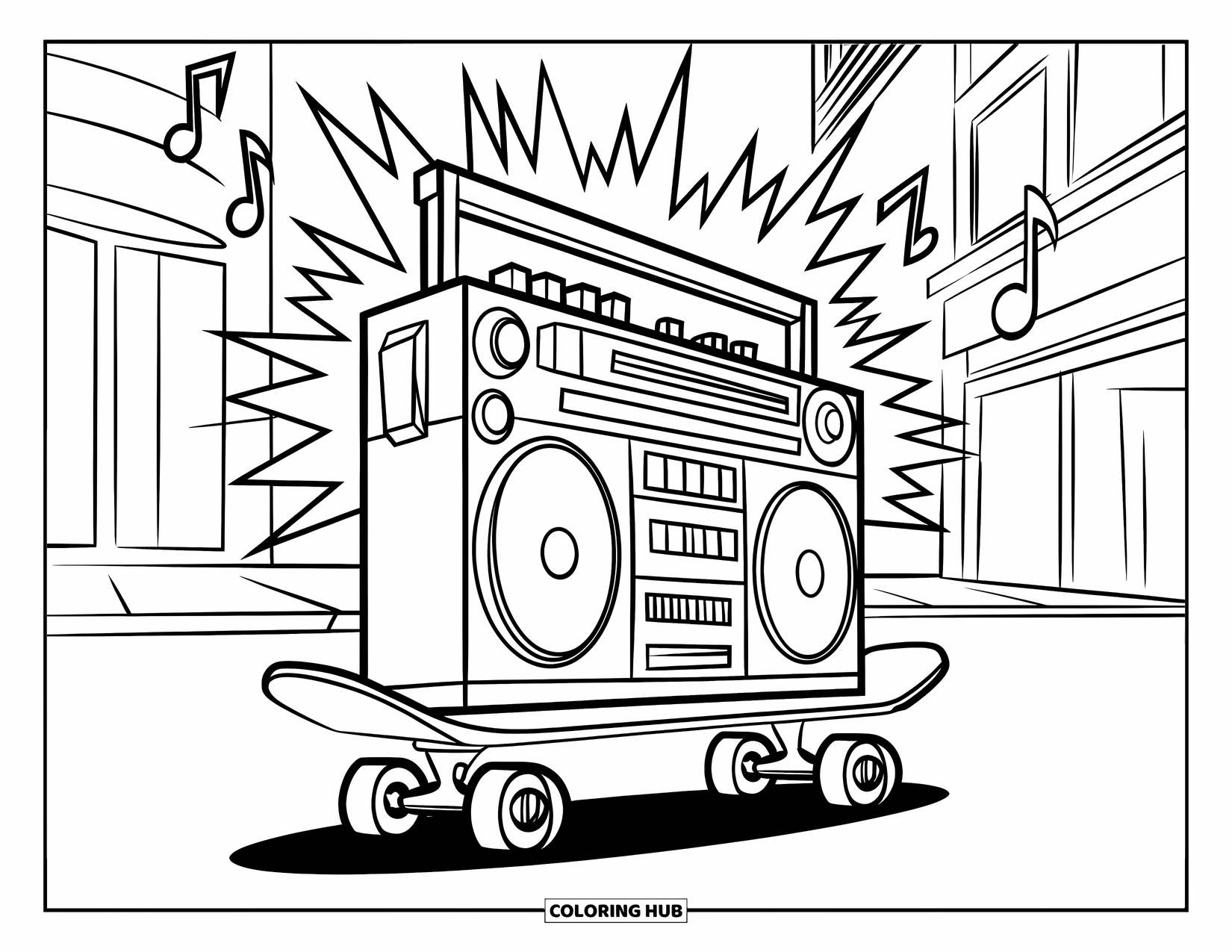90S Coloring Page for Kids: Boombox riding a skateboard with sparks and music notes trailing behind
