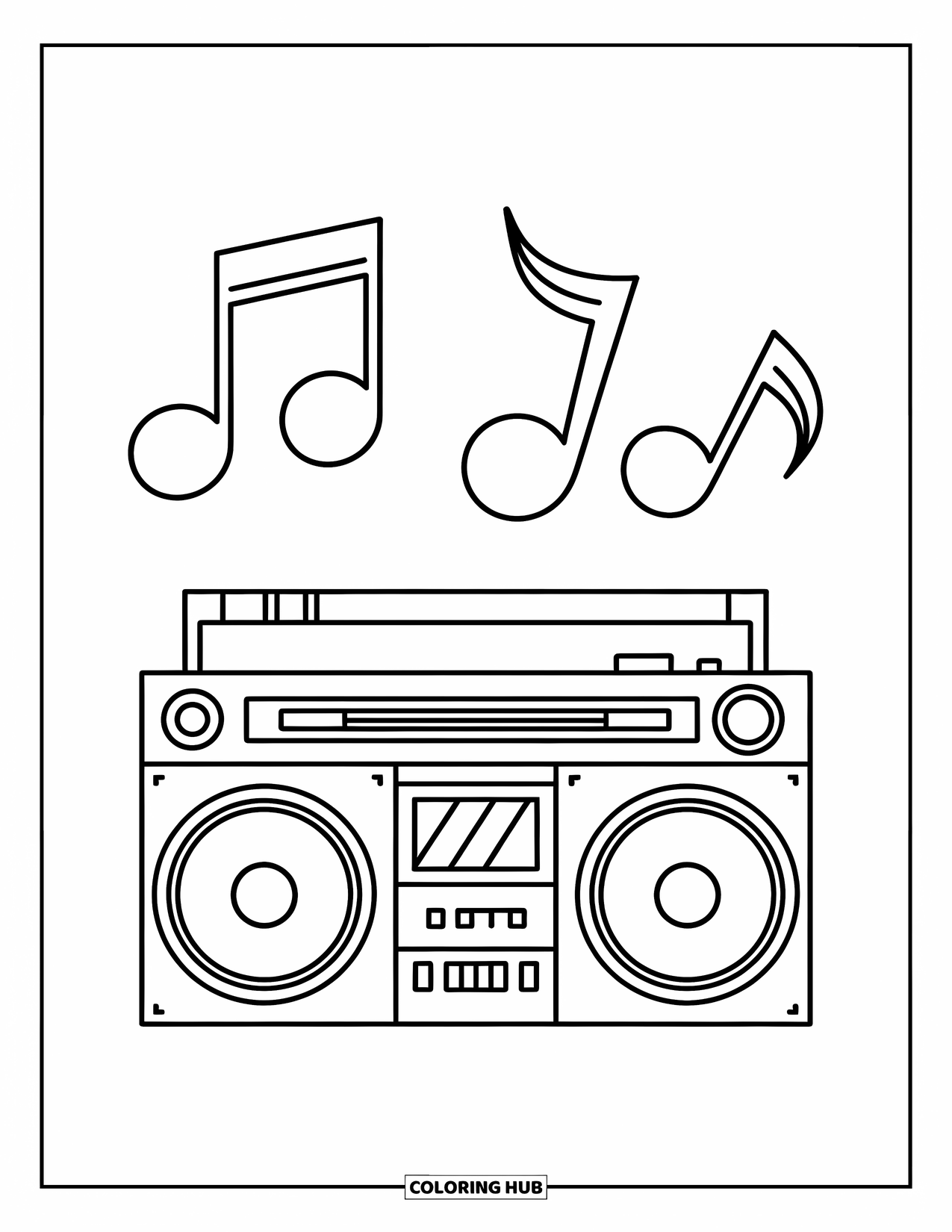 90S Coloring Page for Kids: Boombox with two speakers and music symbols floating above