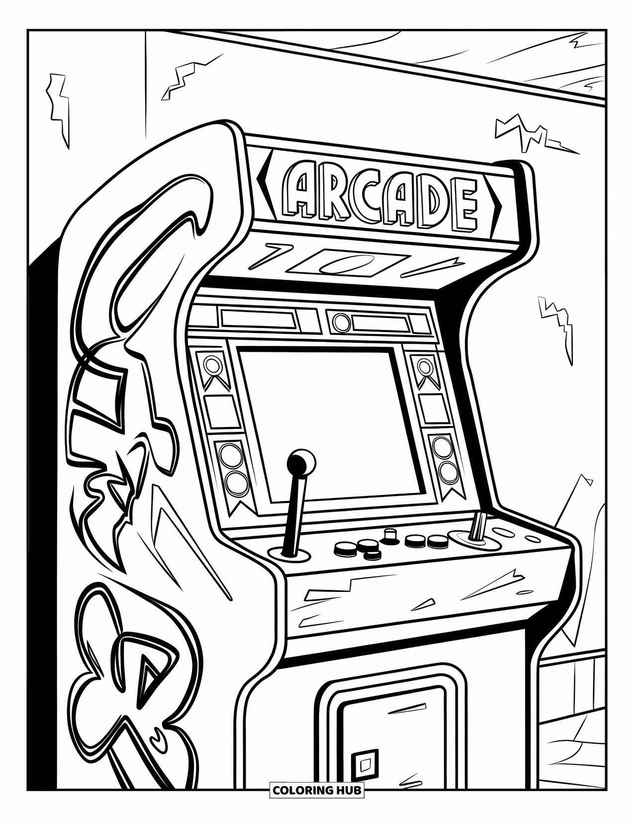 90S Coloring Page for Kids: Classic arcade machine with bold side graphics and a scratched wall behind