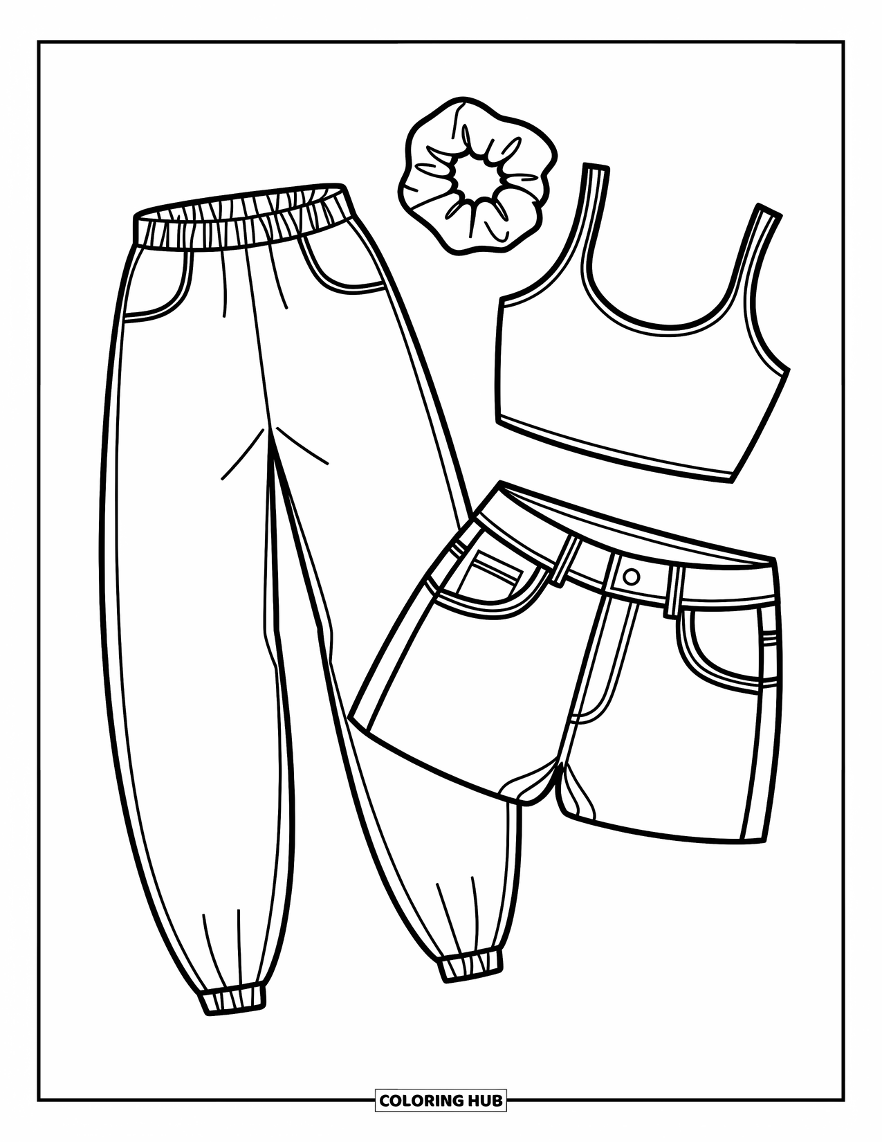 90S Coloring Page for Kids: Classic outfit with jeans, crop top, and scrunchie arranged for a nostalgic 90s look
