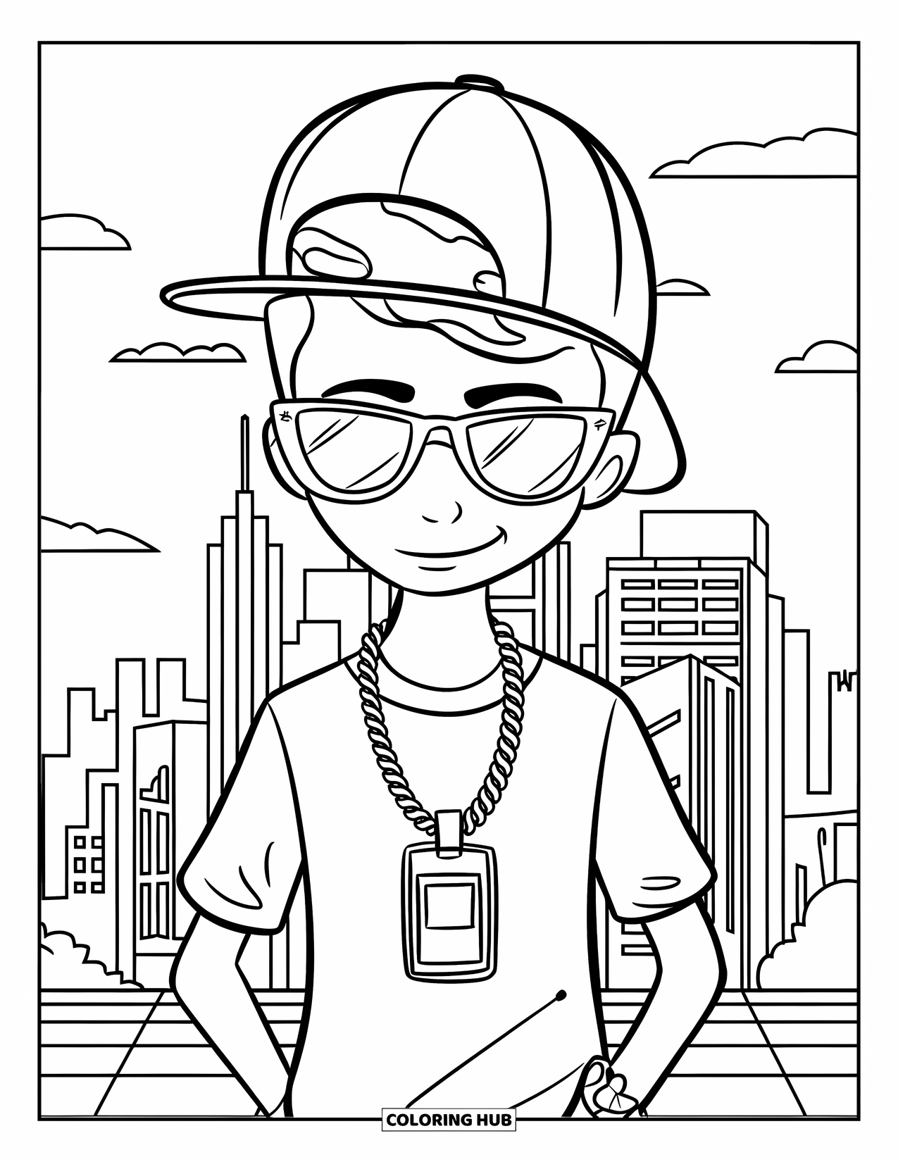 90S Coloring Page for Kids: Cool character in a cap and chain stands before a city skyline