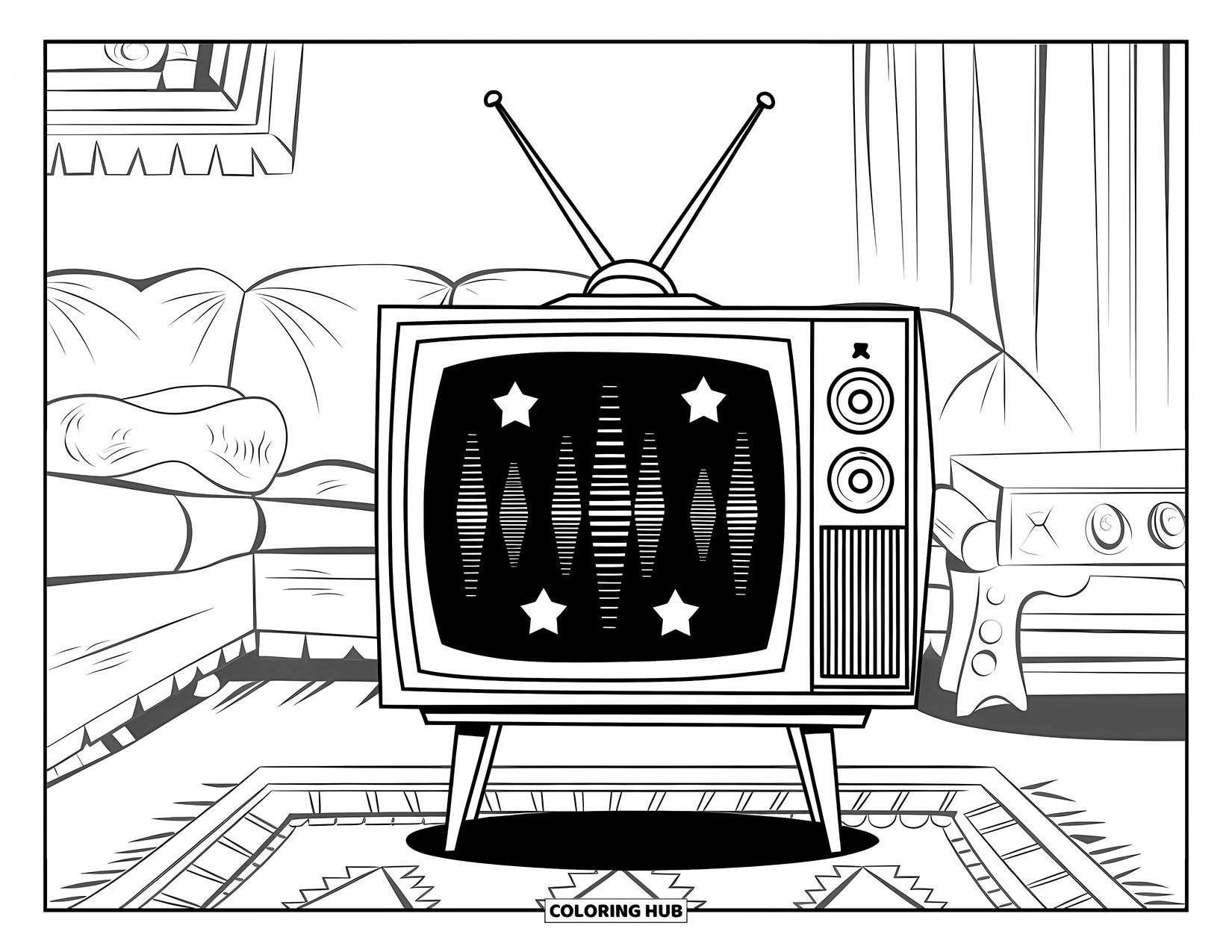 90S Coloring Page for Kids: Cozy room with an old TV showing static lines and glowing stars