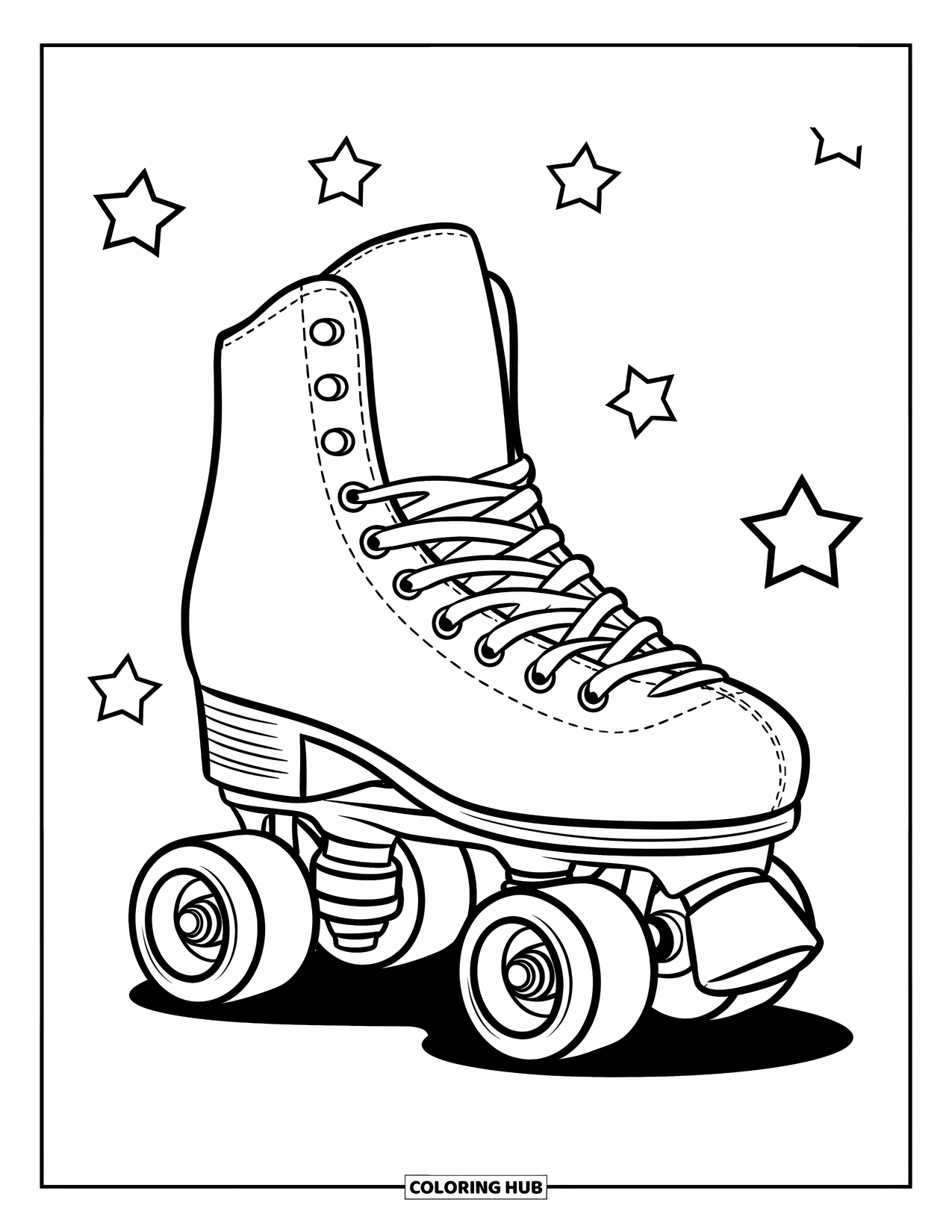 90S Coloring Page for Kids: Cute roller skate with chunky wheels and a starry backdrop