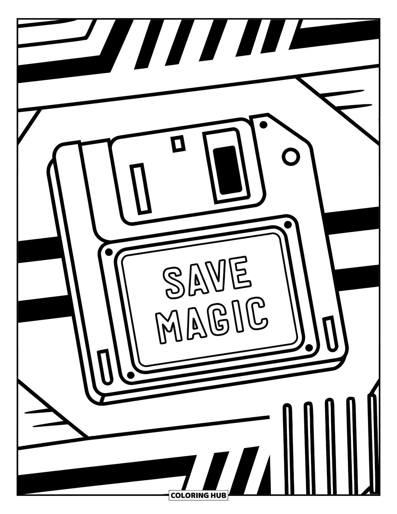 90S Coloring Page for Kids: Floppy disk labeled "Save magic" with shapes and bold lines behind it