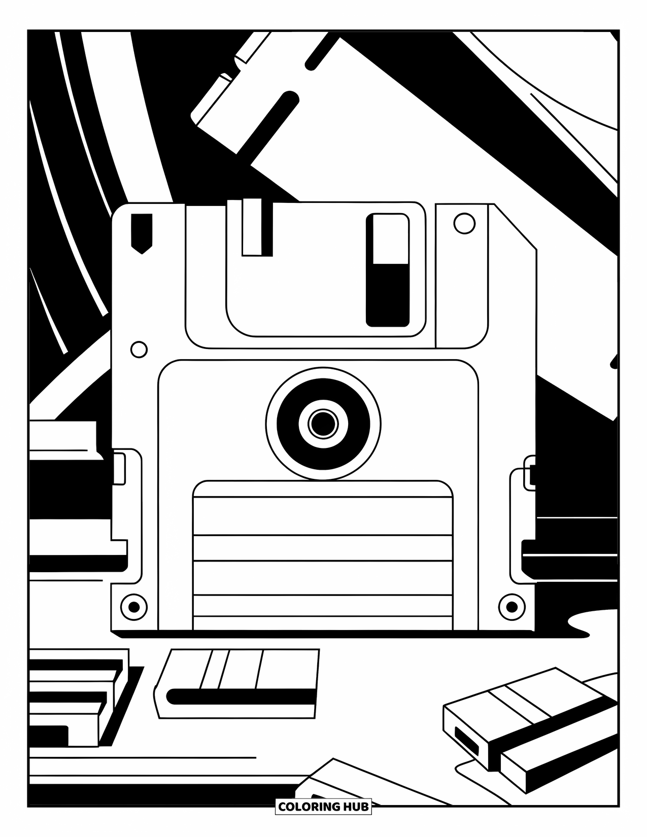 90S Coloring Page for Kids: Floppy disk on a desk with triangles, circles, and bold lines nearby