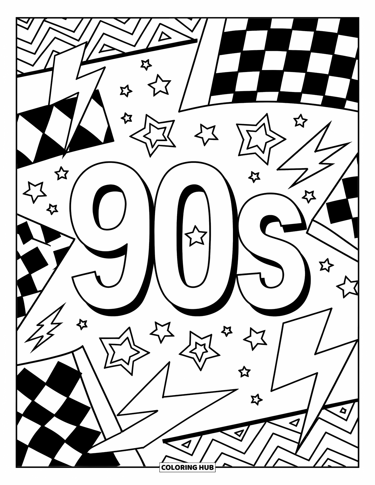 90S Coloring Page for Kids: Fun 90s-themed pattern with bold text and energetic shapes all around