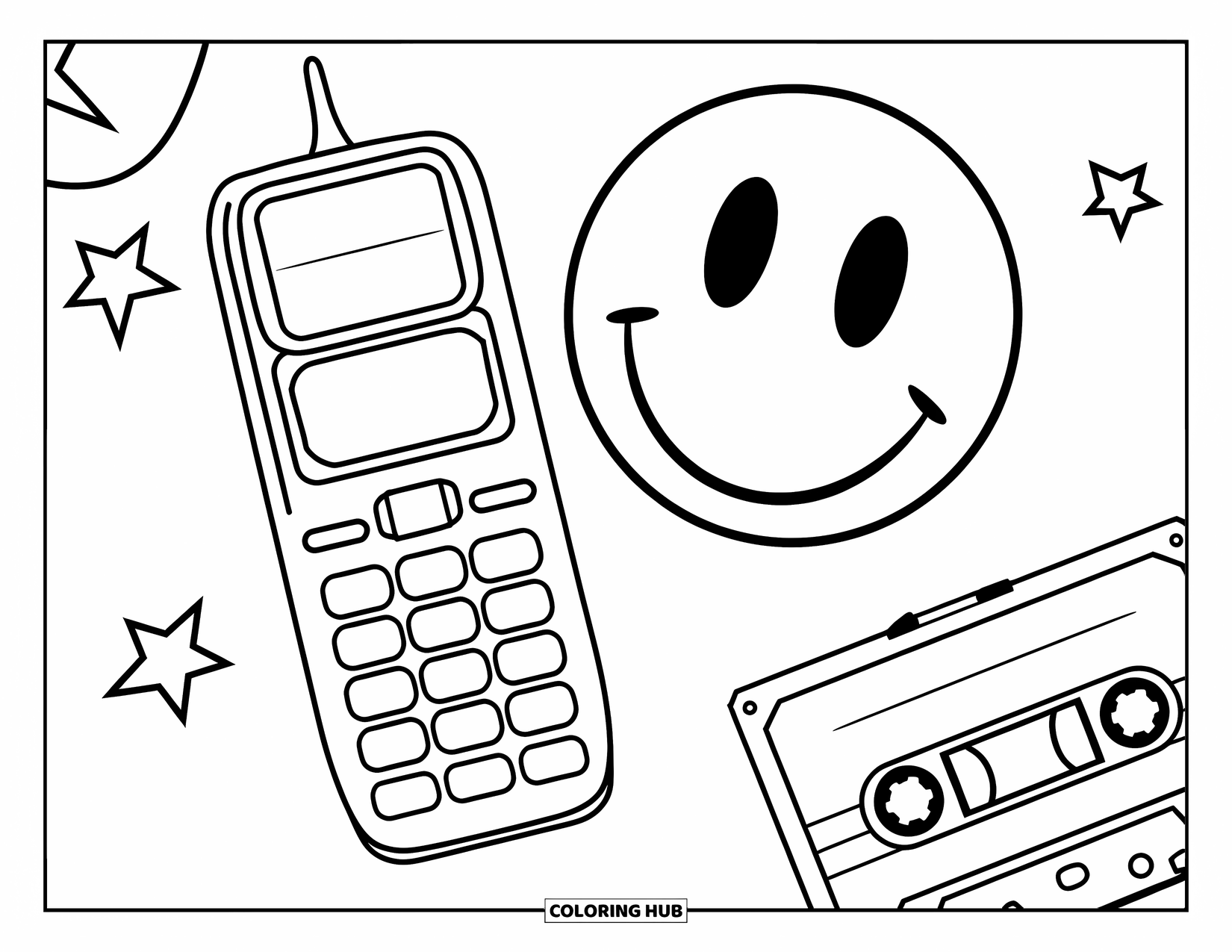 90S Coloring Page for Kids: Fun mix of a pager, smiley face, cassette, and stars in a playful layout