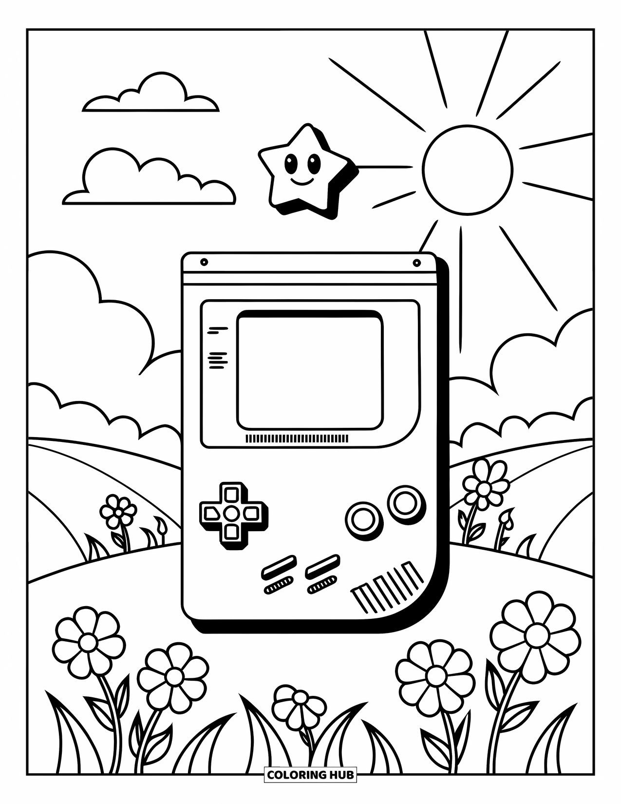 90S Coloring Page for Kids: Game-style console with a cheerful star above and flowers in the grass