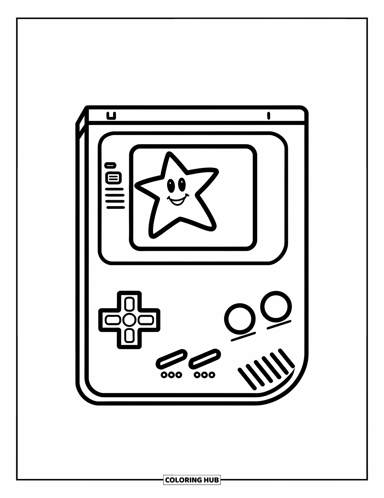 90S Coloring Page for Kids: Handheld console with a happy star floating just above it