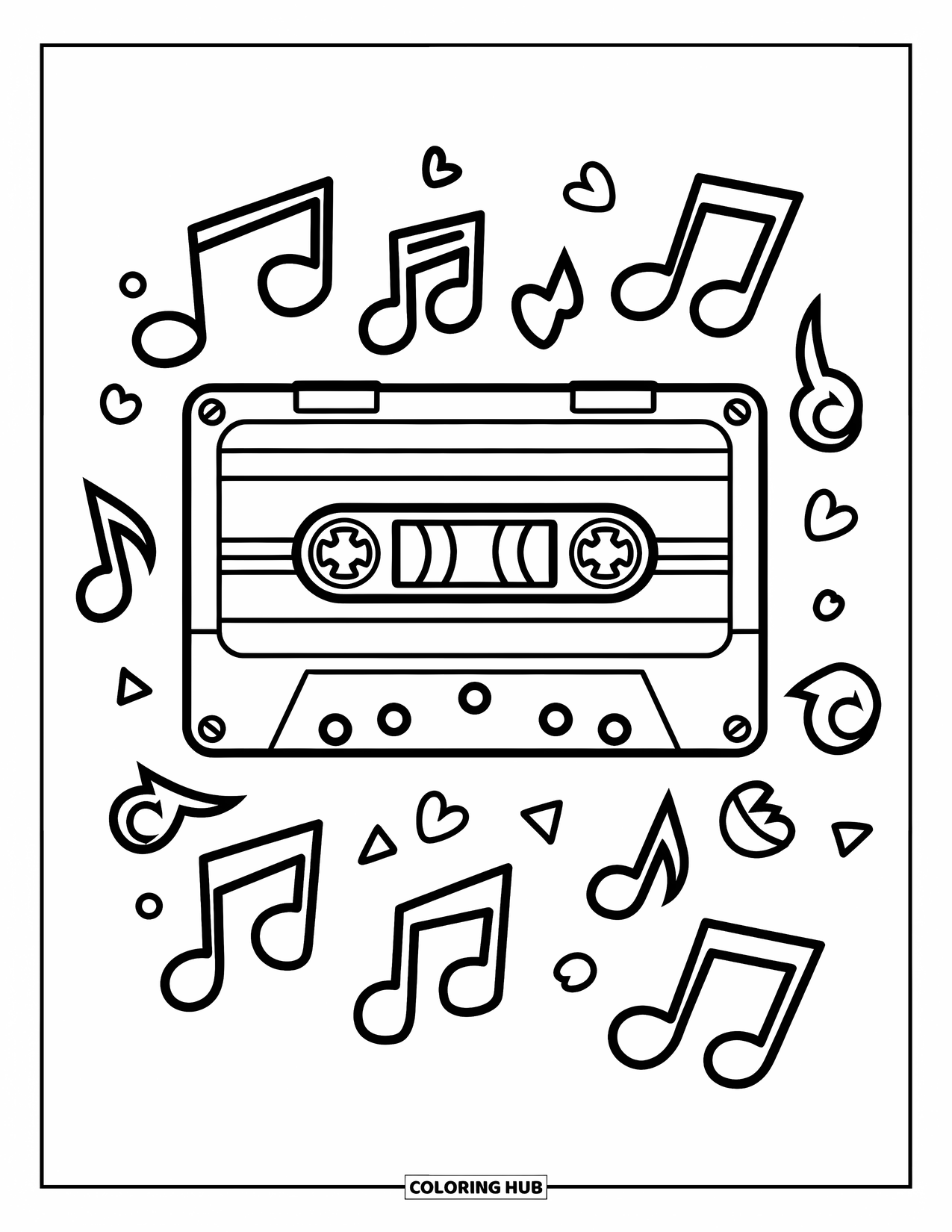 90S Coloring Page for Kids: Happy cassette with chunky buttons and playful notes in the air