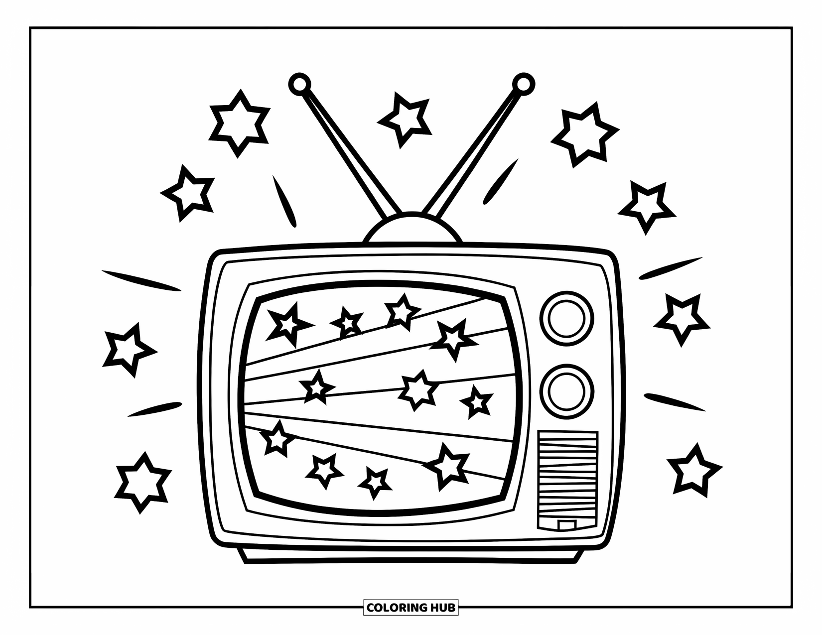 90S Coloring Page for Kids: Old TV with antennae showing stars and static on the screen