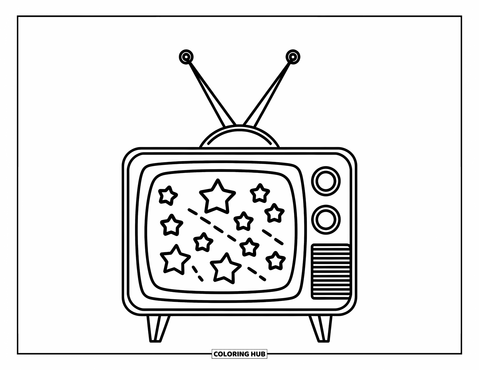90S Coloring Page for Kids: Old TV with antennae shows stars and swirling static lines