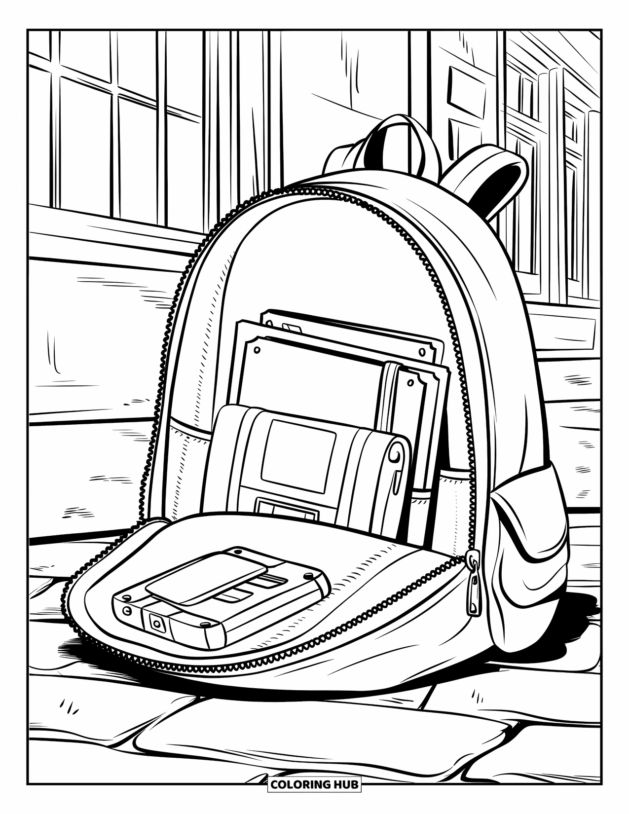 90S Coloring Page for Kids: Open backpack on brick pavement with floppy disk, yo-yo, and a nearby building