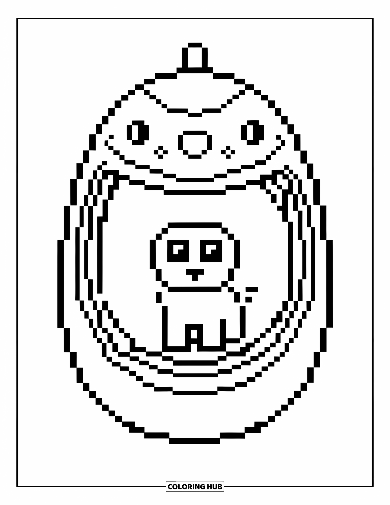 90S Coloring Page for Kids: Pixel pet inside a Tamagotchi with three small icons at the top