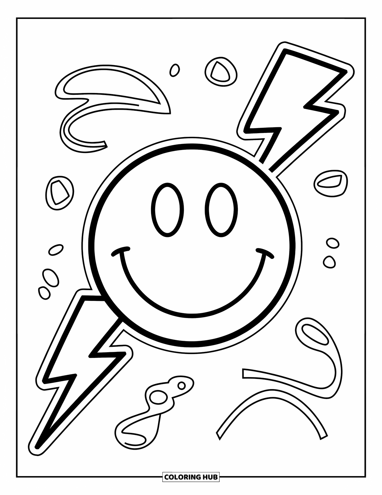 90S Coloring Page for Kids: Playful smiley face with lightning bolt and fun wavy lines all around