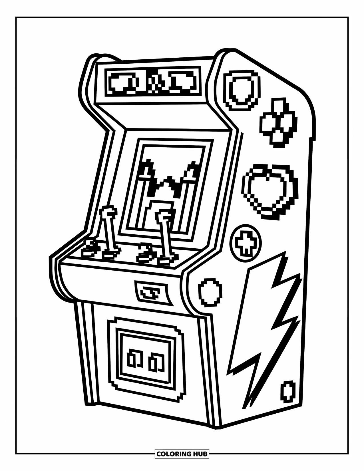 90S Coloring Page for Kids: Retro arcade machine with joysticks, buttons, and fun pixel art on the sides