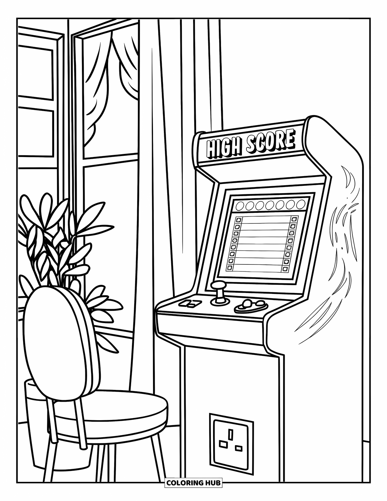 90S Coloring Page for Kids: Retro gaming scene with joystick, chair, high scores, and a window with curtains