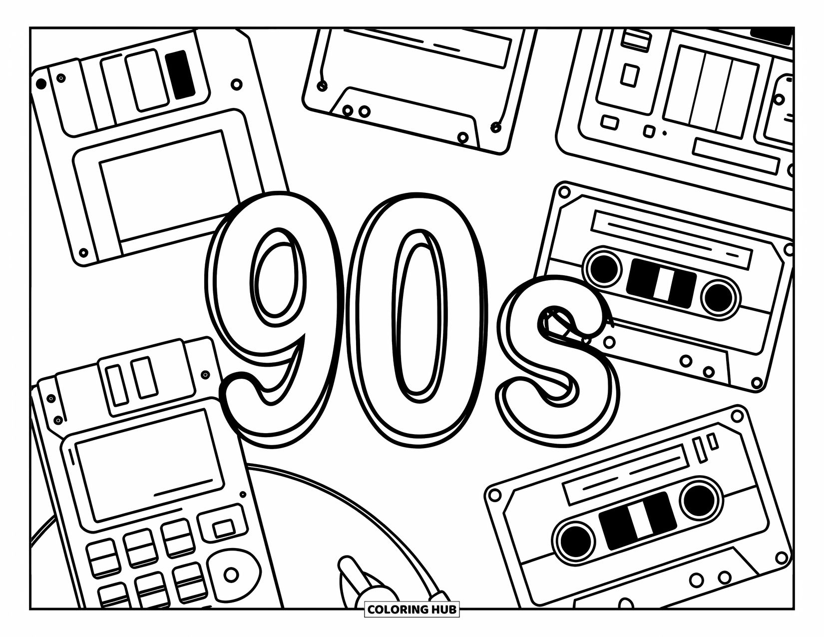90S Coloring Page for Kids: Retro items like a pager and cassette circle the word "90s" in the center