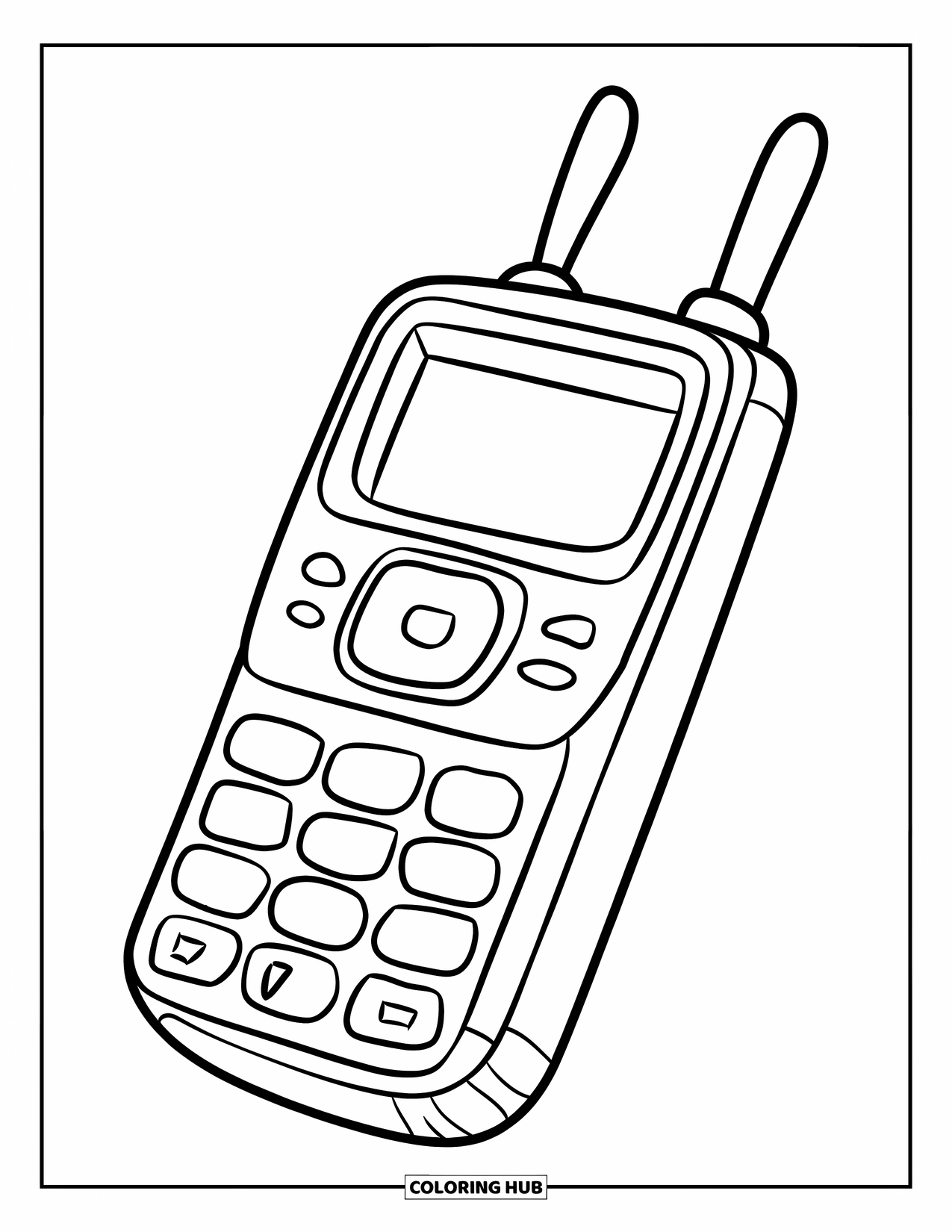 90S Coloring Page for Kids: Retro mobile phone with big buttons and antenna, sitting on a surface