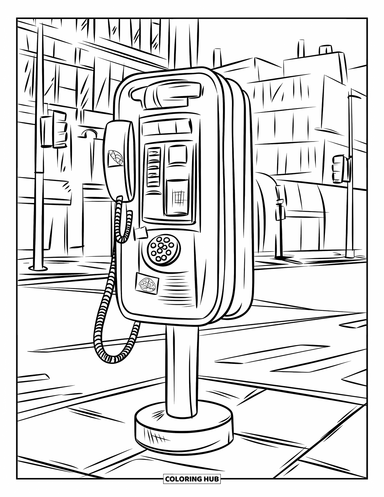 90S Coloring Page for Kids: Retro payphone on a street corner with a few stickers and city buildings behind