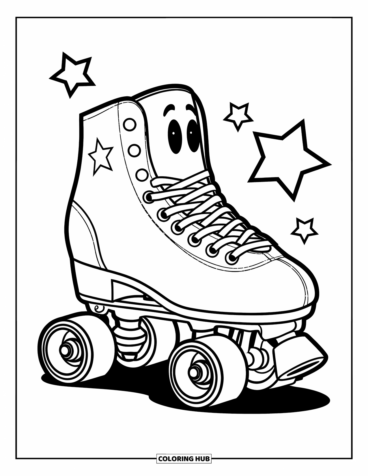 90S Coloring Page for Kids: Roller skate with oversized wheels and stars scattered in the background