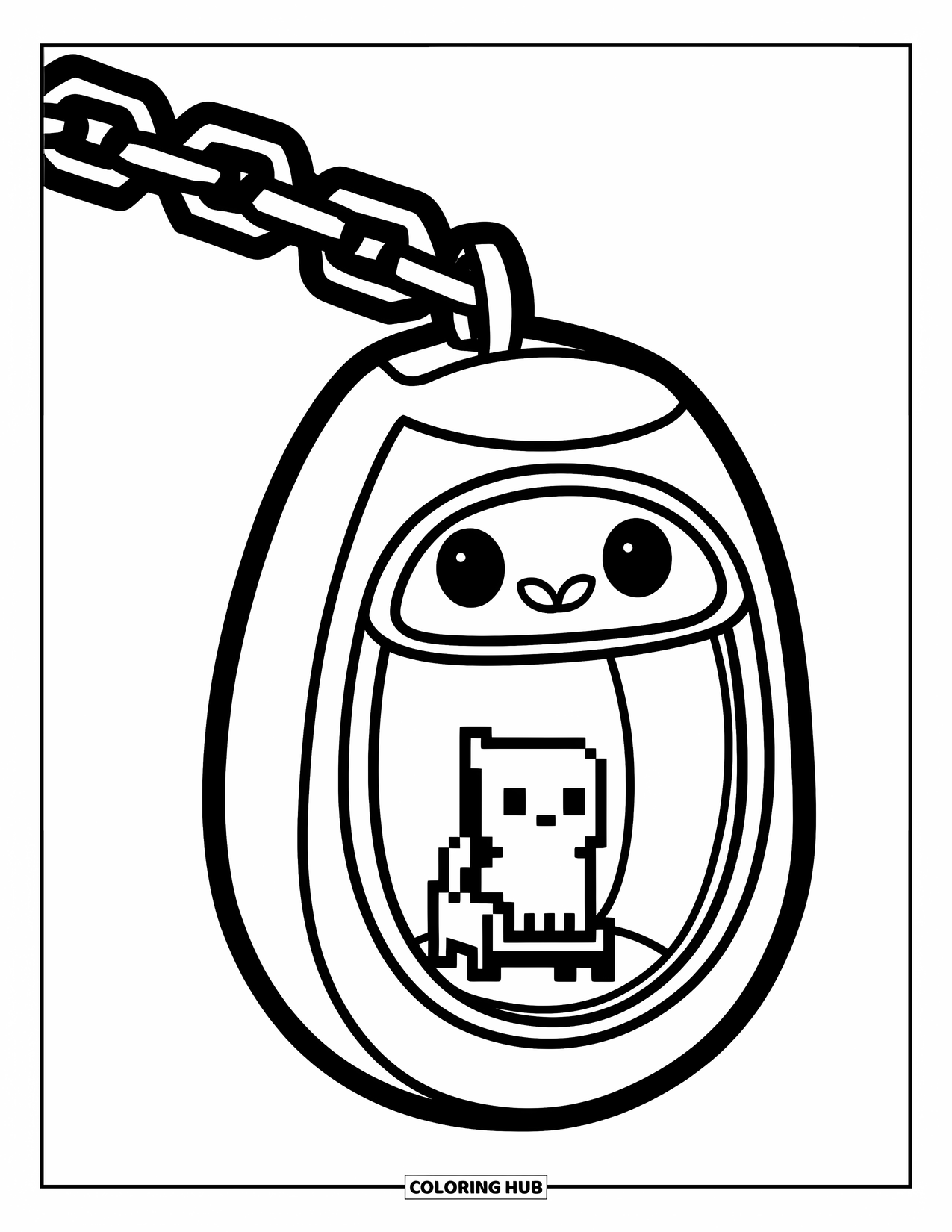 90S Coloring Page for Kids: Tamagotchi on a chain with a tiny pet sitting inside a small window