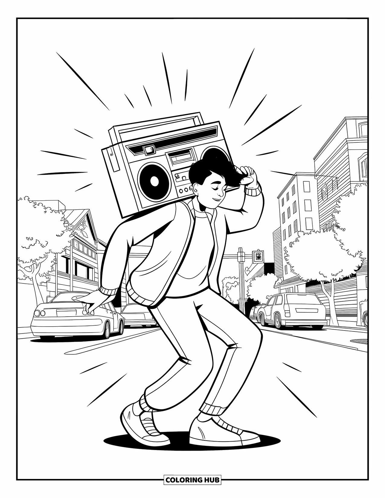 90S Coloring Page for Kids: Teen dancing on the street with a boombox blasting music on their shoulder