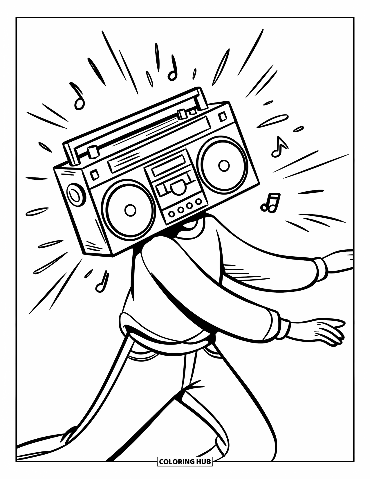 90S Coloring Page for Kids: Teen dancing with a boombox, music lines pulsing around them