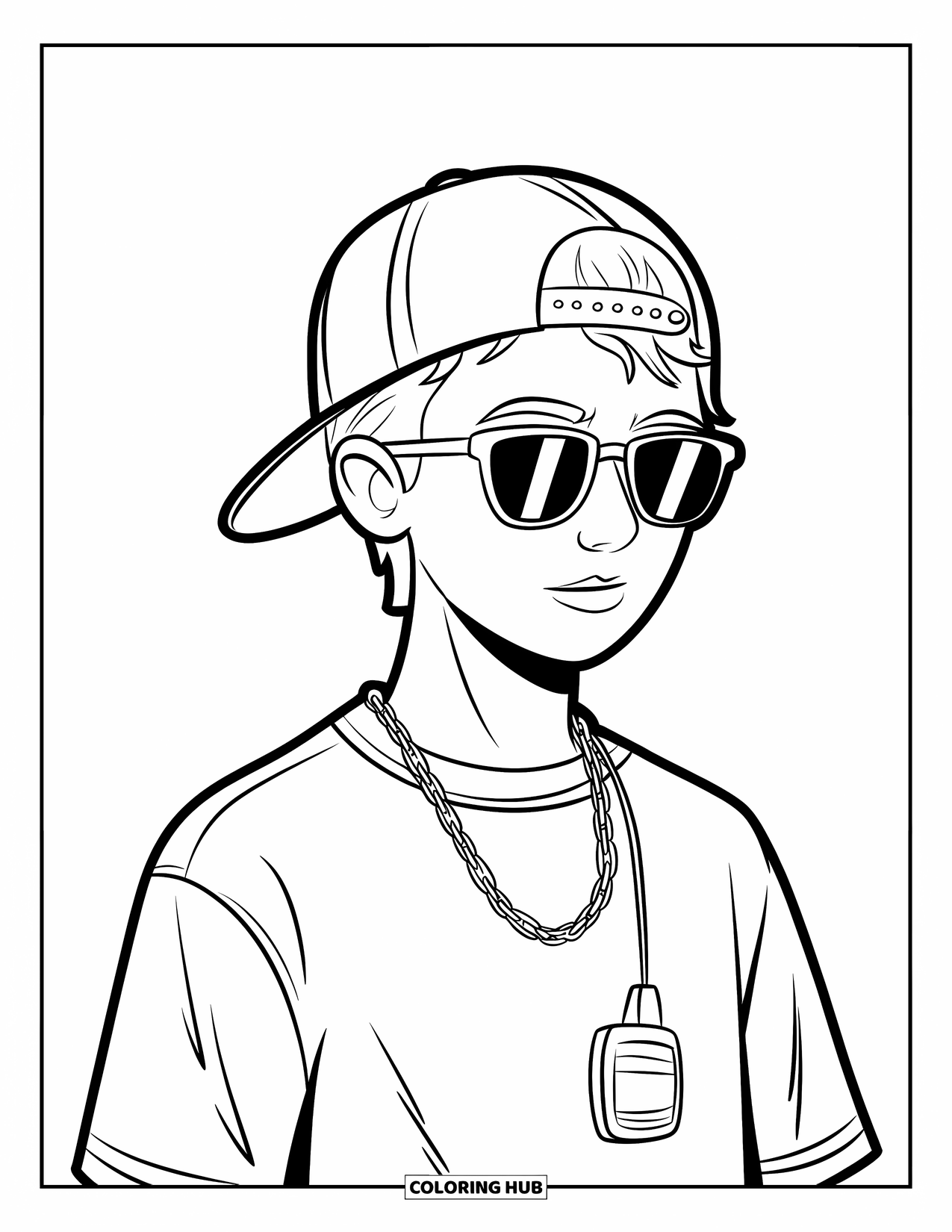90S Coloring Page for Kids: Teen wearing a backwards cap, sunglasses, chain, and pager stands casually