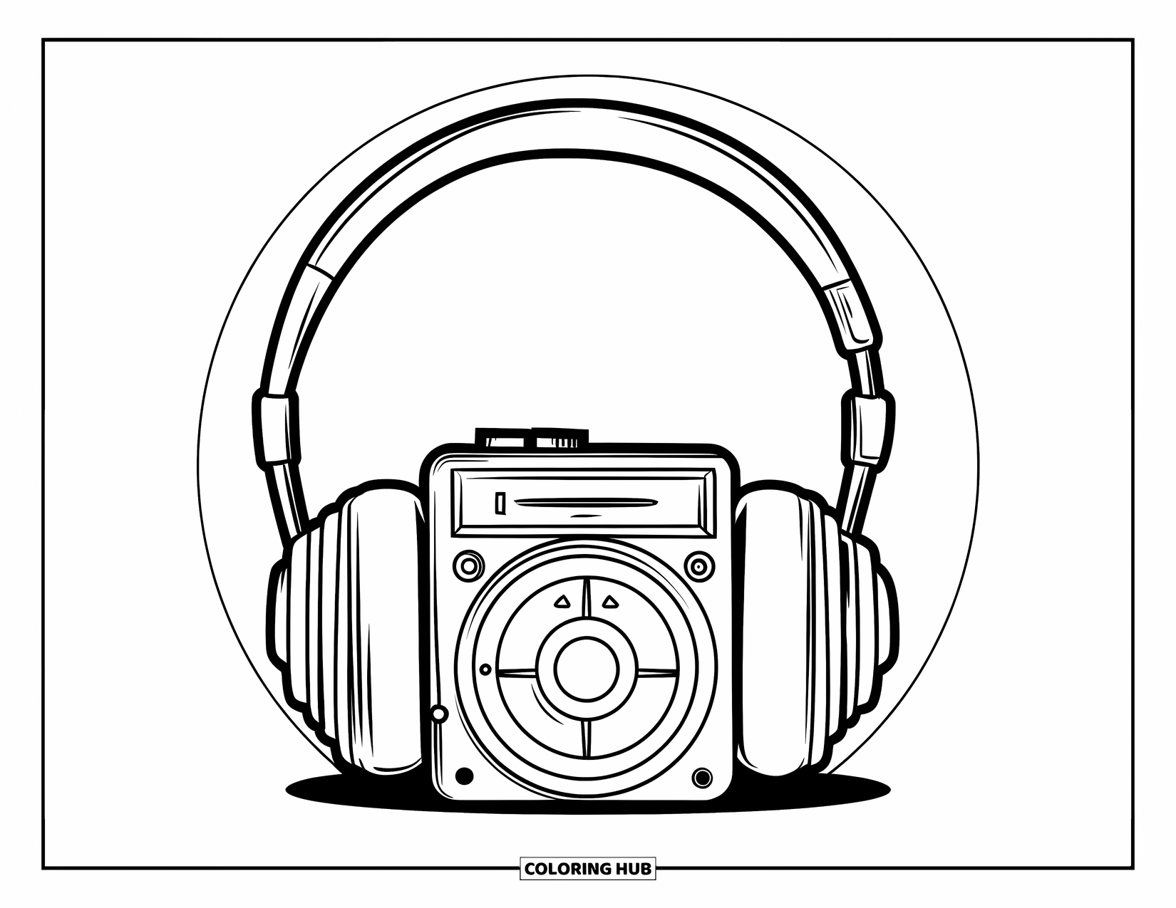 90S Coloring Page for Kids: Walkman inside a circle frame with large headphones placed on top