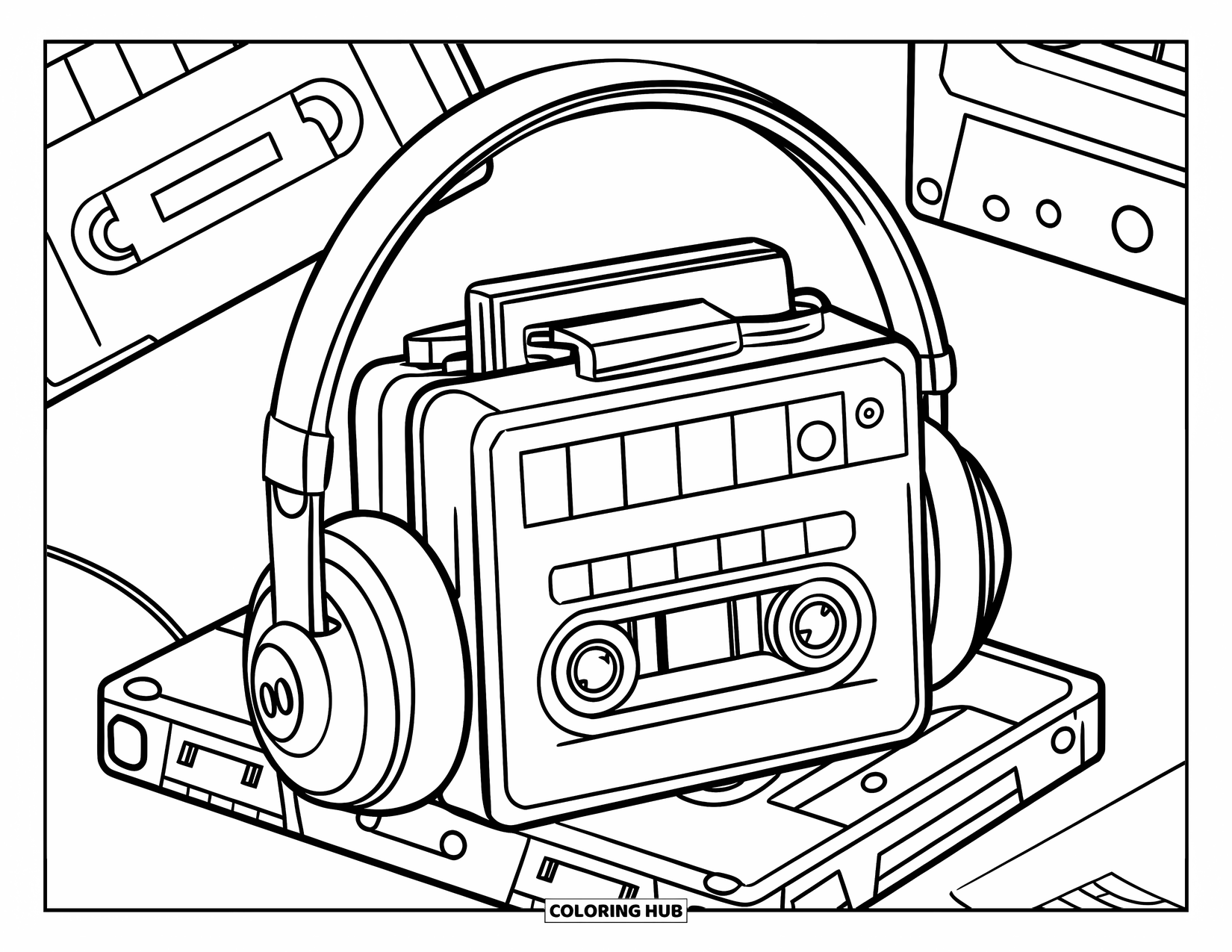 90S Coloring Page for Kids: Walkman stacked on a tape with headphones and a "play" button