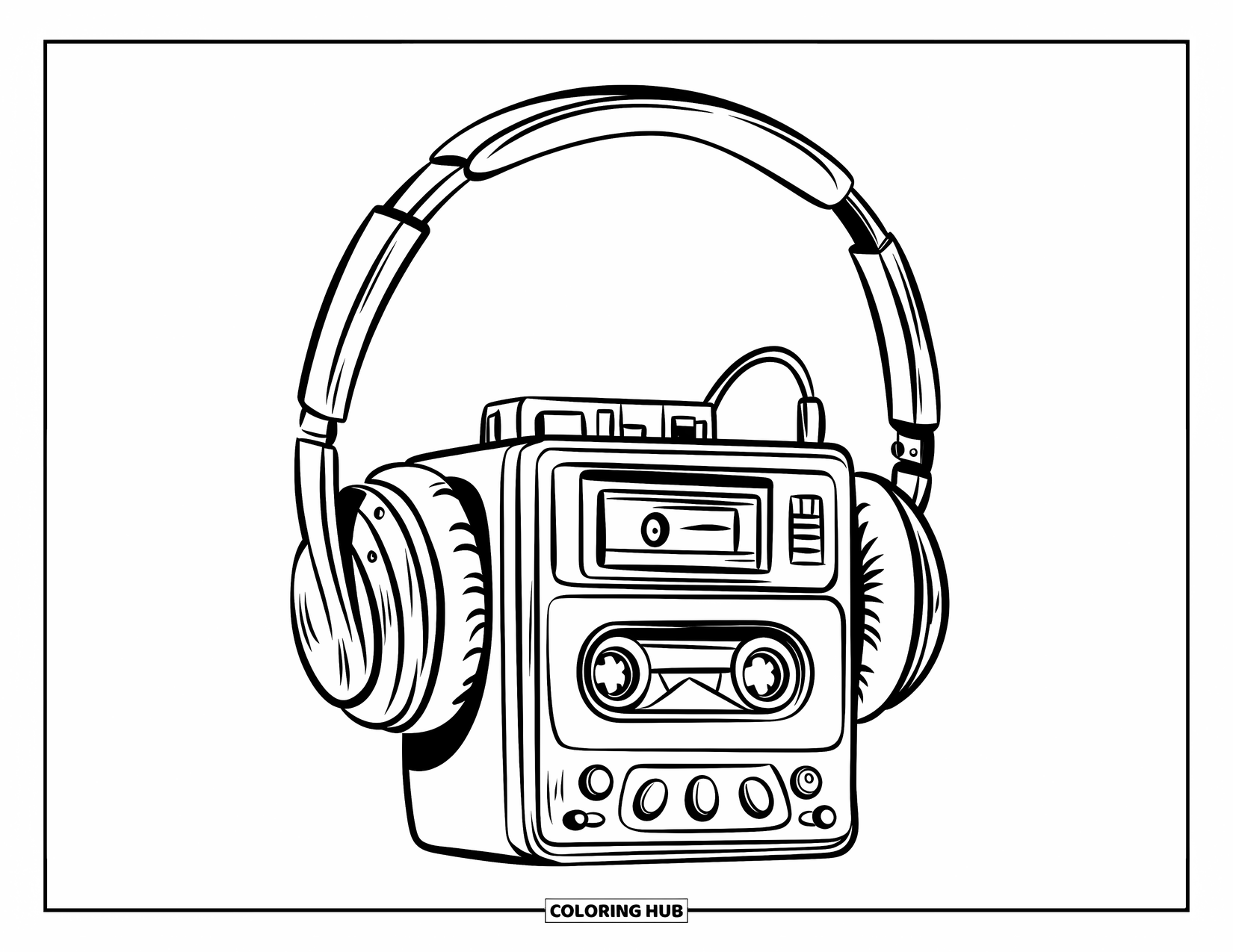 90S Coloring Page for Kids: Walkman with a cassette and headphones sitting right on top